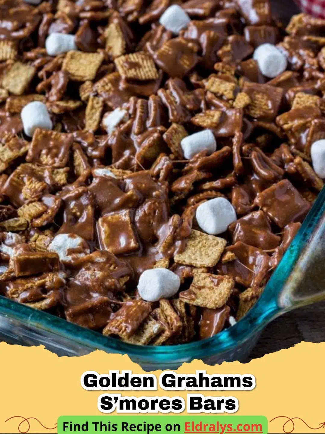A stack of gooey Golden Grahams S’mores Bars with melted chocolate and marshmallows.
