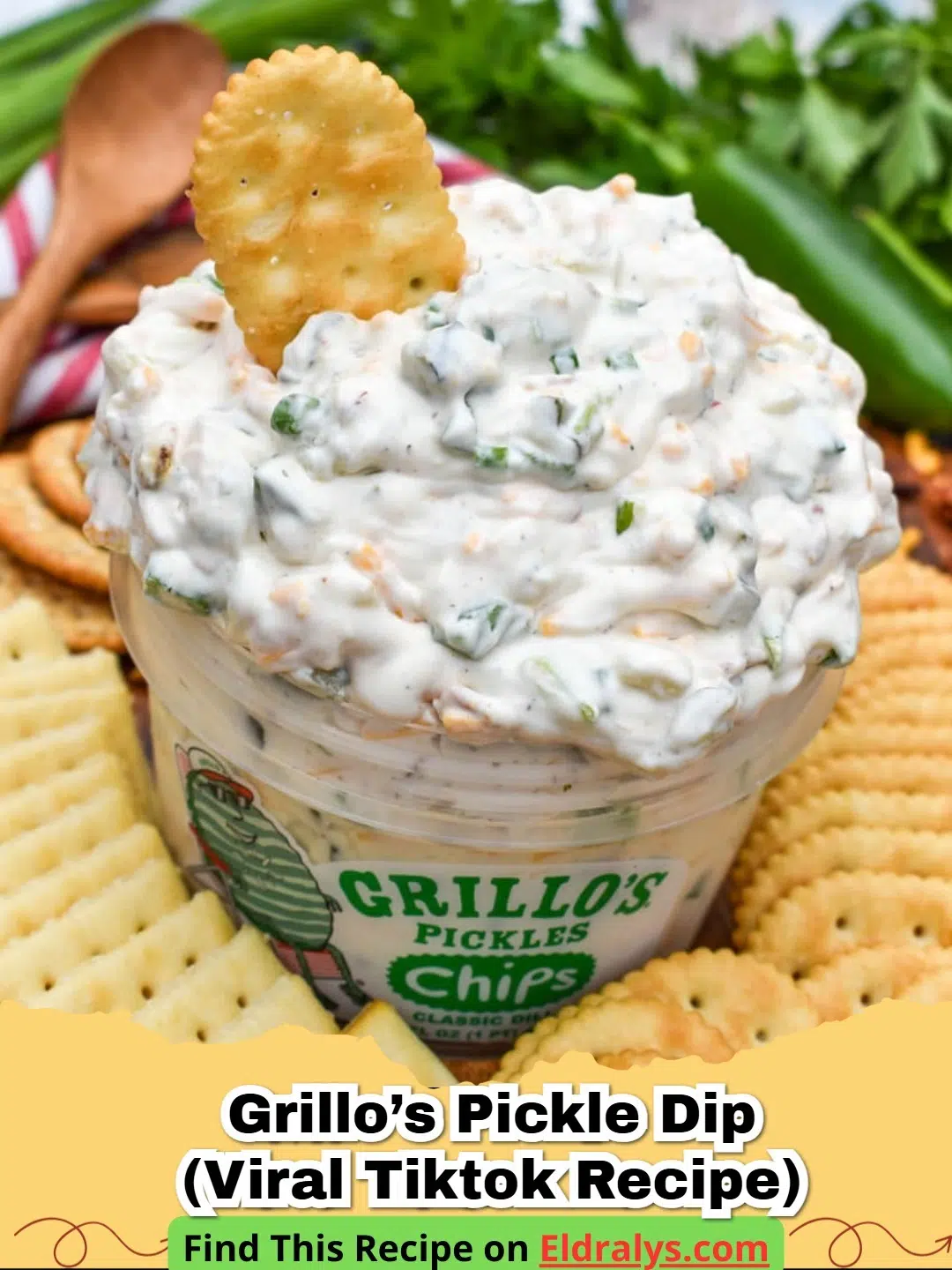 Grillo’s Pickle Dip (Viral TikTok Recipe) - A bowl of creamy Grillo’s Pickle Dip topped with fresh dill and served with potato chips.