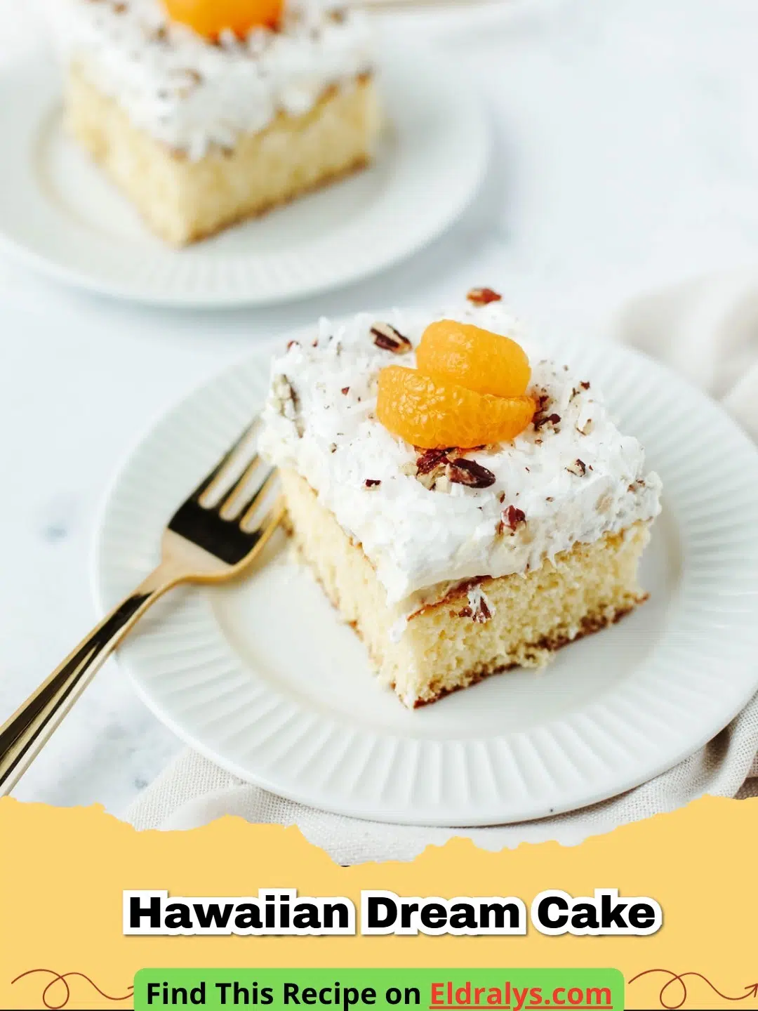 A close up slice of Hawaiian Dream Cake with white frosting and toasted coconut