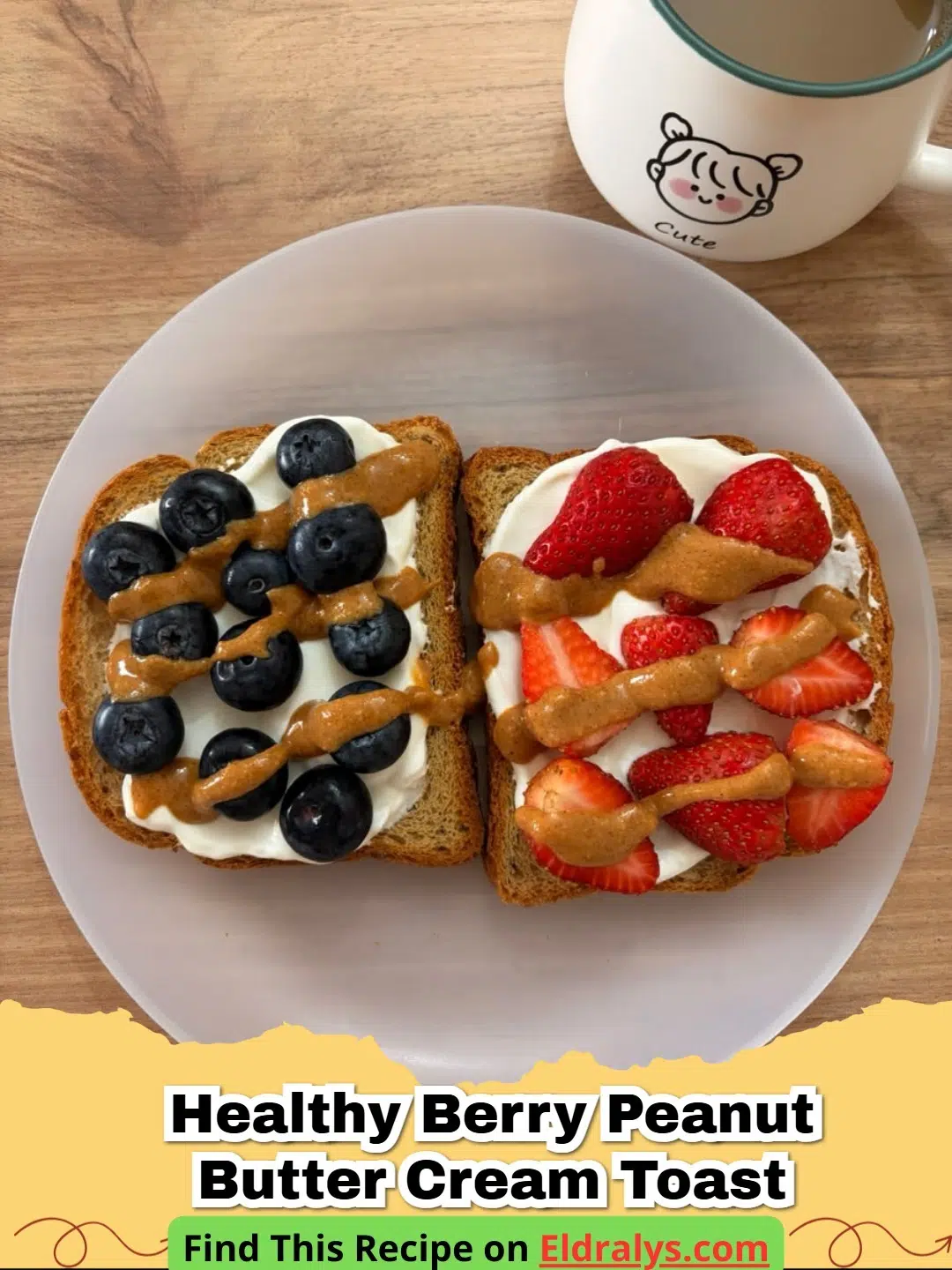 Delicious Healthy Berry and Peanut Butter Toast on a white plate with fresh berries.