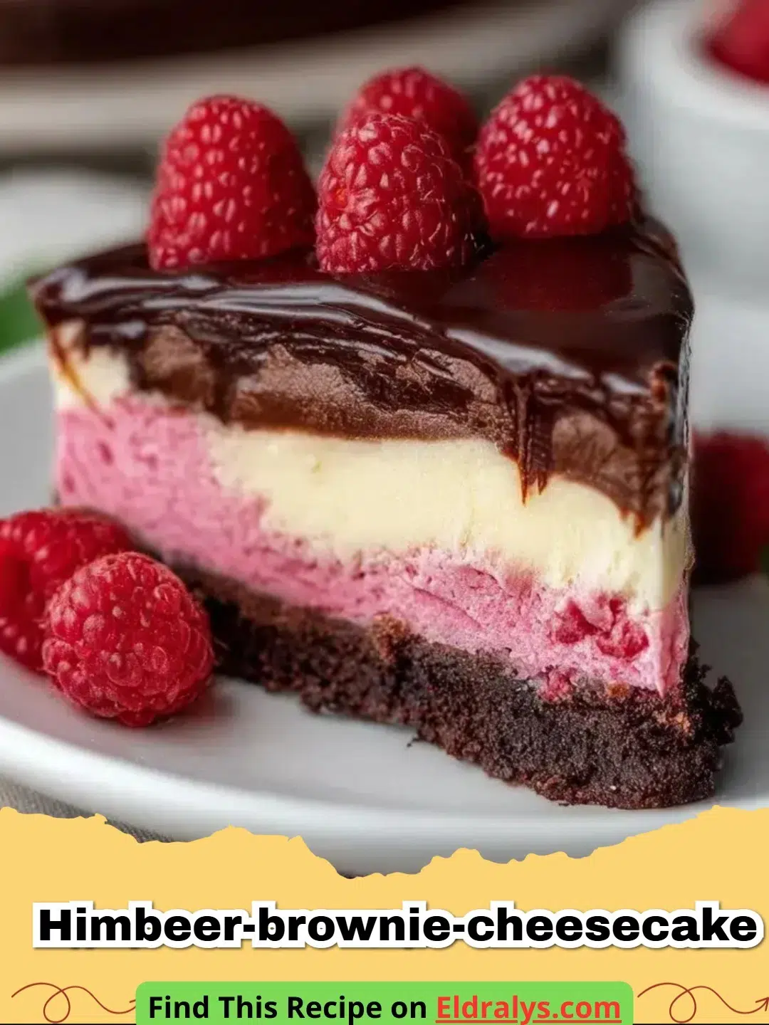 Slices of Himbeer-Brownie-Cheesecake with marbled raspberry swirl