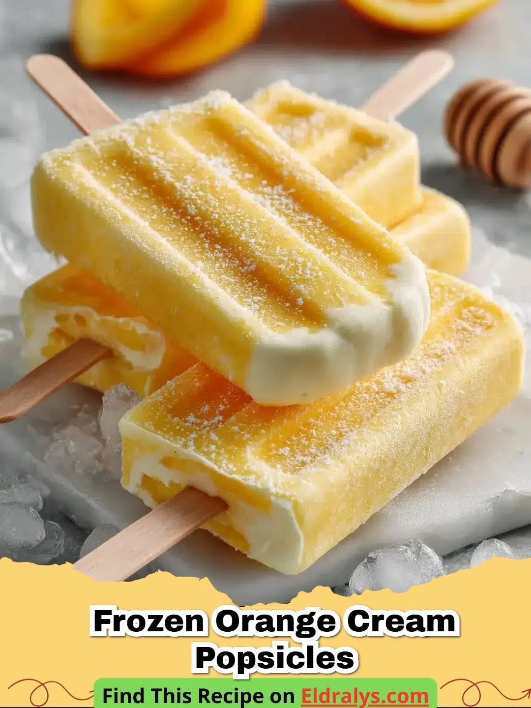 A tray of Frozen Orange Cream Popsicles on a bed of ice with fresh orange slices