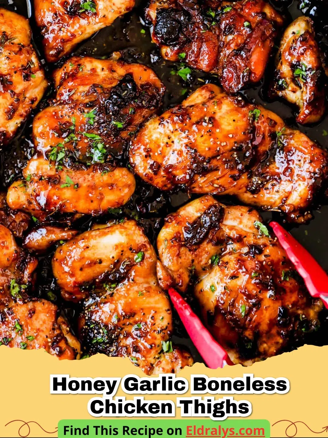 Close up of Honey Garlic Boneless Chicken Thighs with sticky glaze and green onions