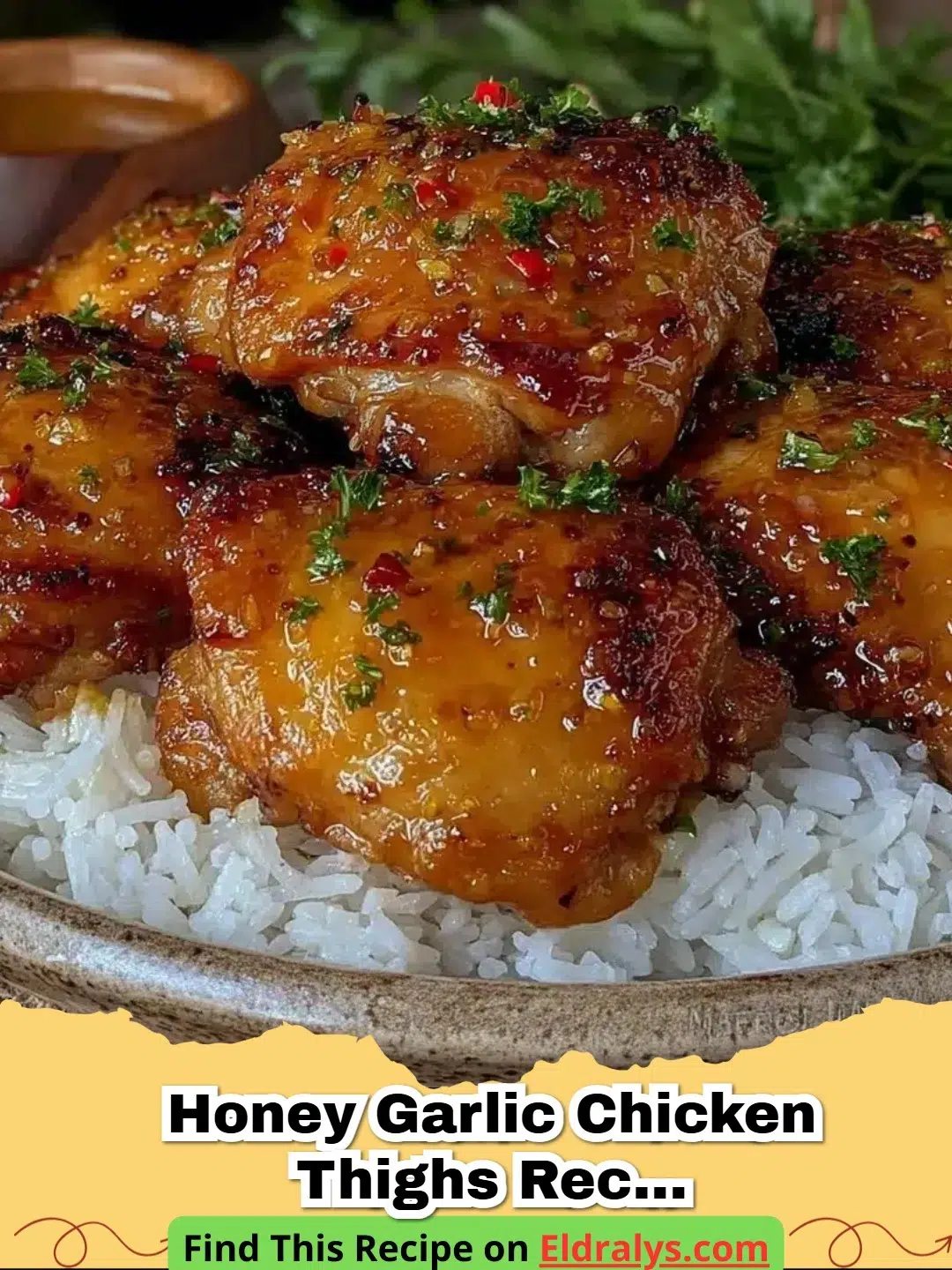 Honey Garlic Chicken Thighs Recipe 30-Minute Easy Family Dinner with Rice - A plate of Honey Garlic Chicken Thighs with sticky sauce and white rice.