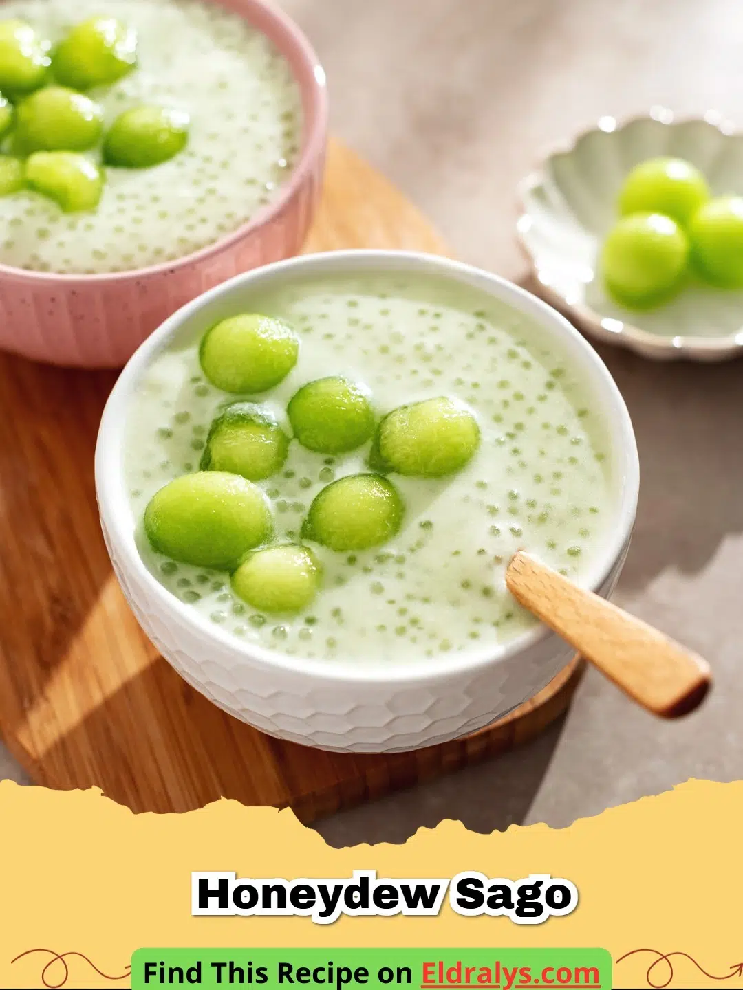 A bowl of chilled Honeydew Sago with melon balls and translucent pearls
