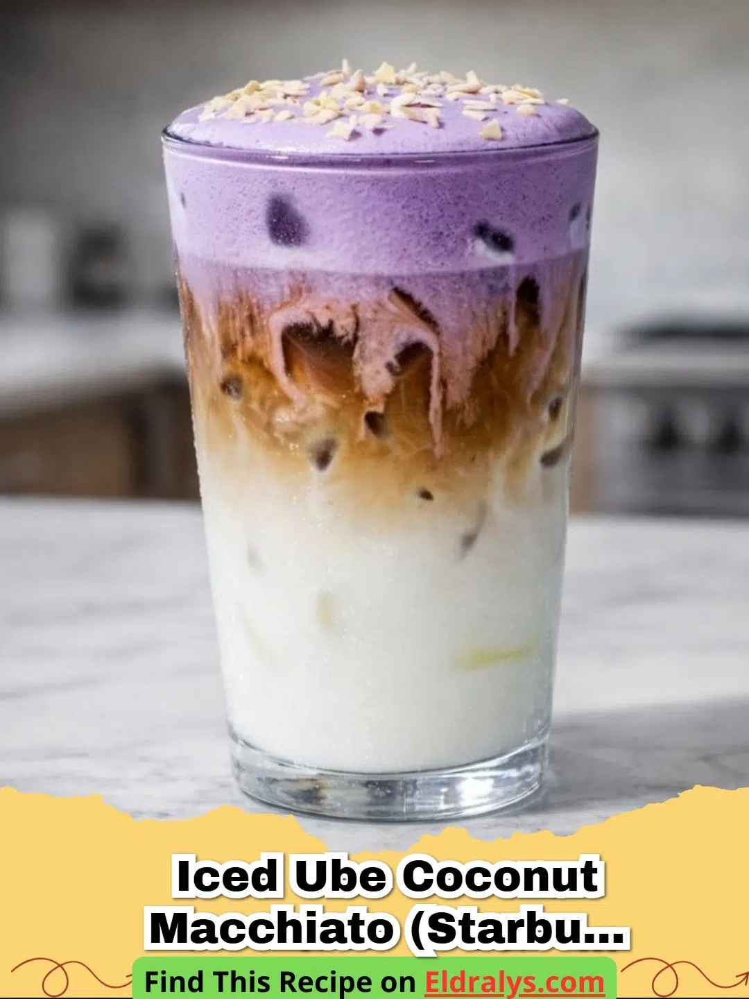 Iced Ube Coconut Macchiato (Starbucks Copycat) - A tall glass of Iced Ube Coconut Macchiato with distinct purple, white, and brown layers.