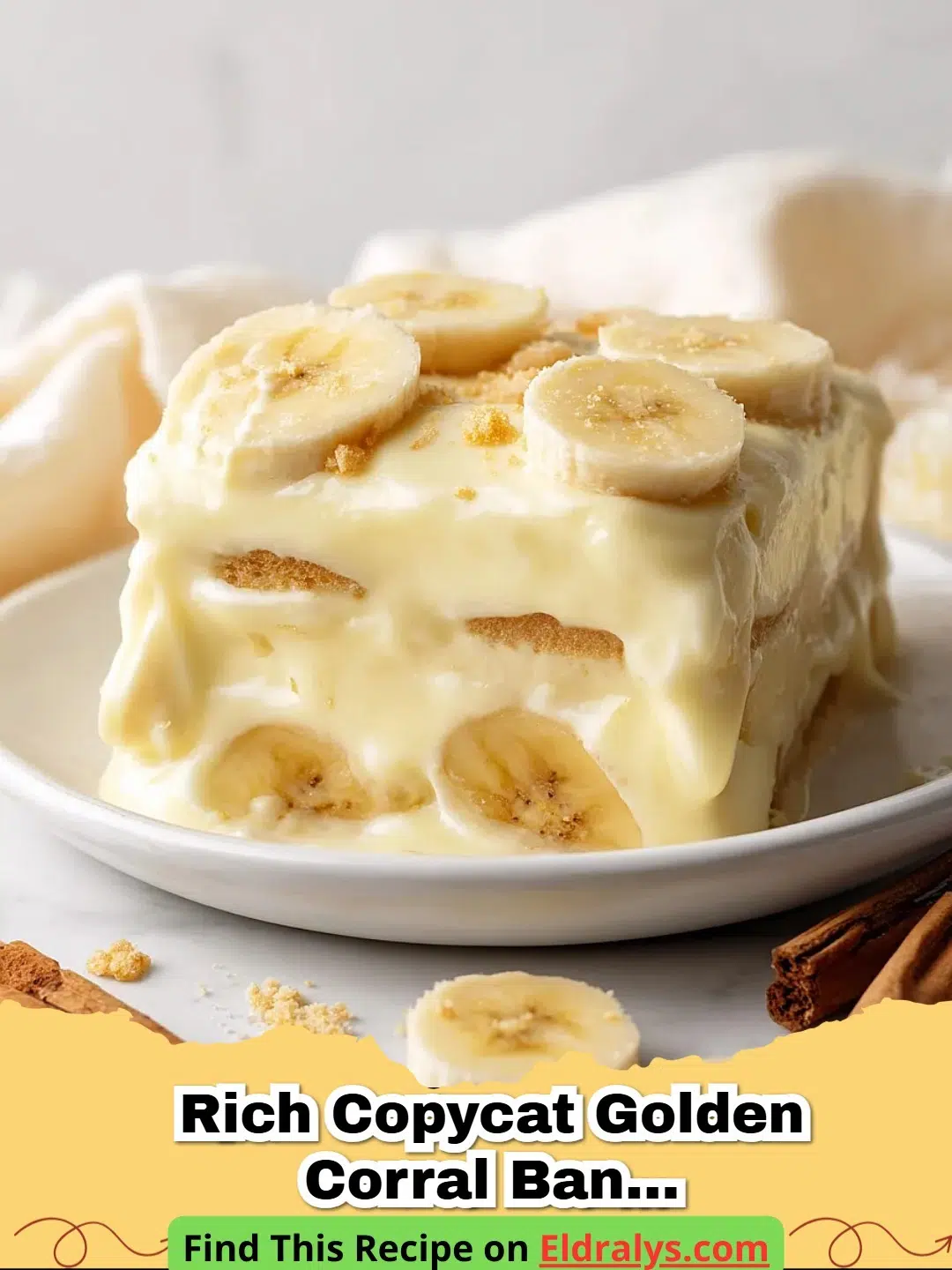 A close up shot of Rich Copycat Golden Corral Banana Pudding in a glass dish with vanilla wafers.