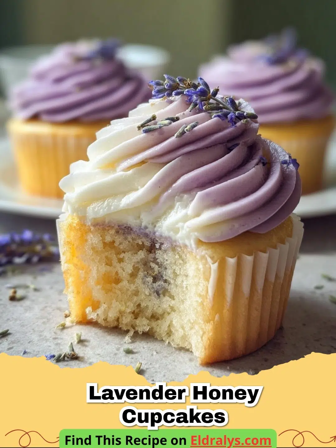 Close up of Lavender Honey Cupcakes with purple buttercream and dried lavender sprinkles
