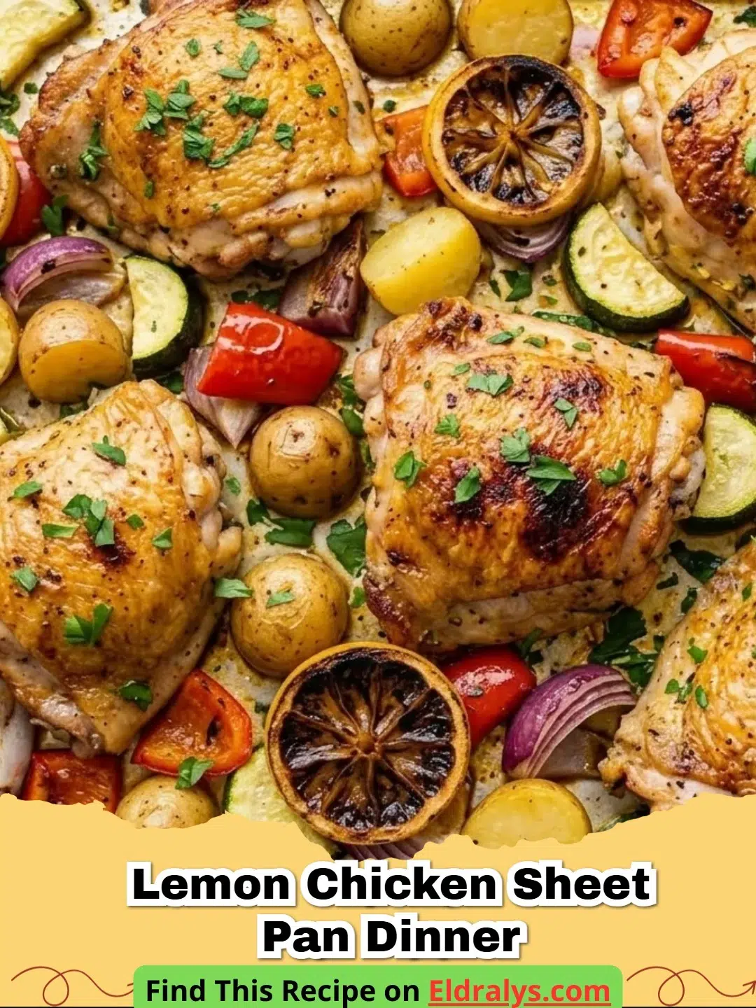A vibrant Lemon Chicken Sheet Pan Dinner with roasted potatoes and green asparagus