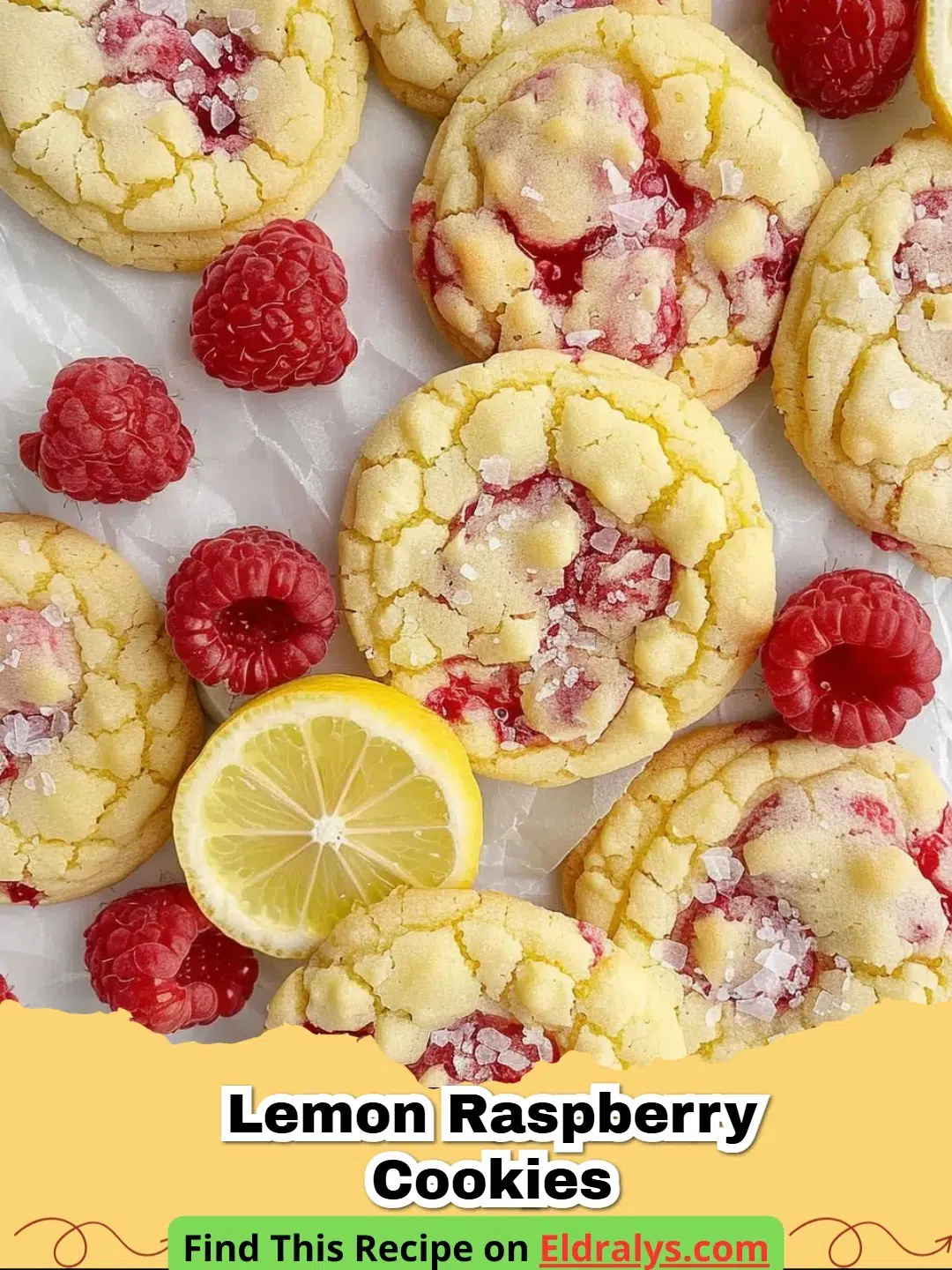 A stack of golden Lemon Raspberry Cookies with visible pink berry swirls and lemon zest.