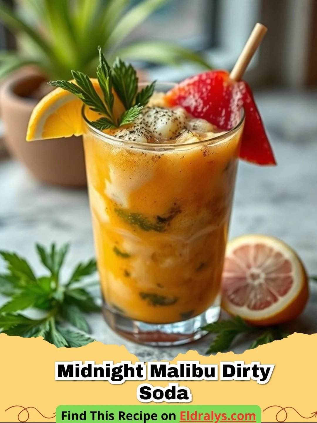 A tall glass of Midnight Malibu Dirty Soda with purple berry swirls and cream