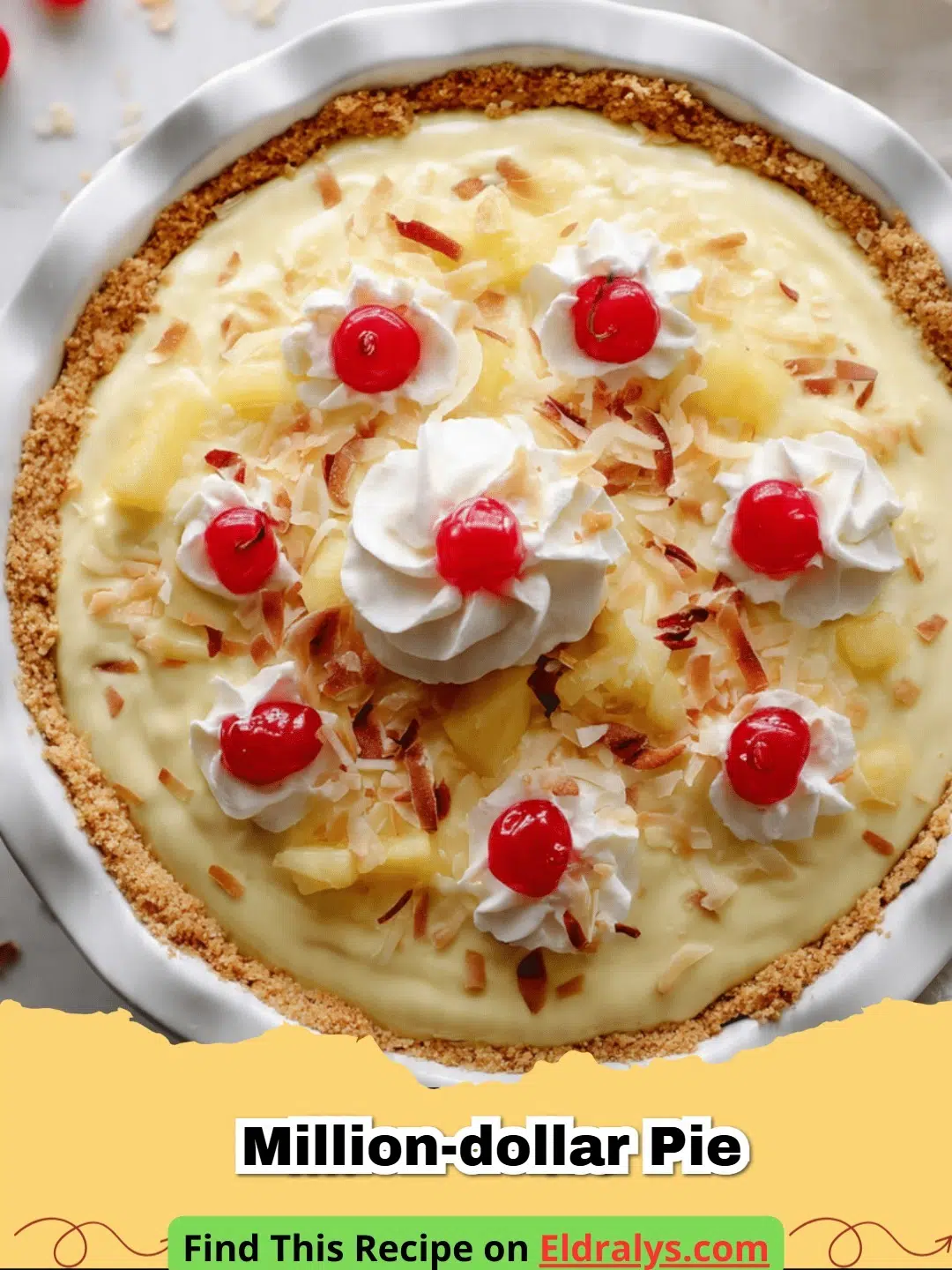 A delicious slice of Million-Dollar Pie topped with whipped cream and a cherry.