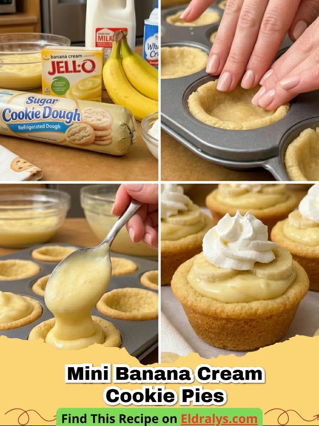 A close up of Mini Banana Cream Pie Cookie Cups topped with whipped cream and banana slices.