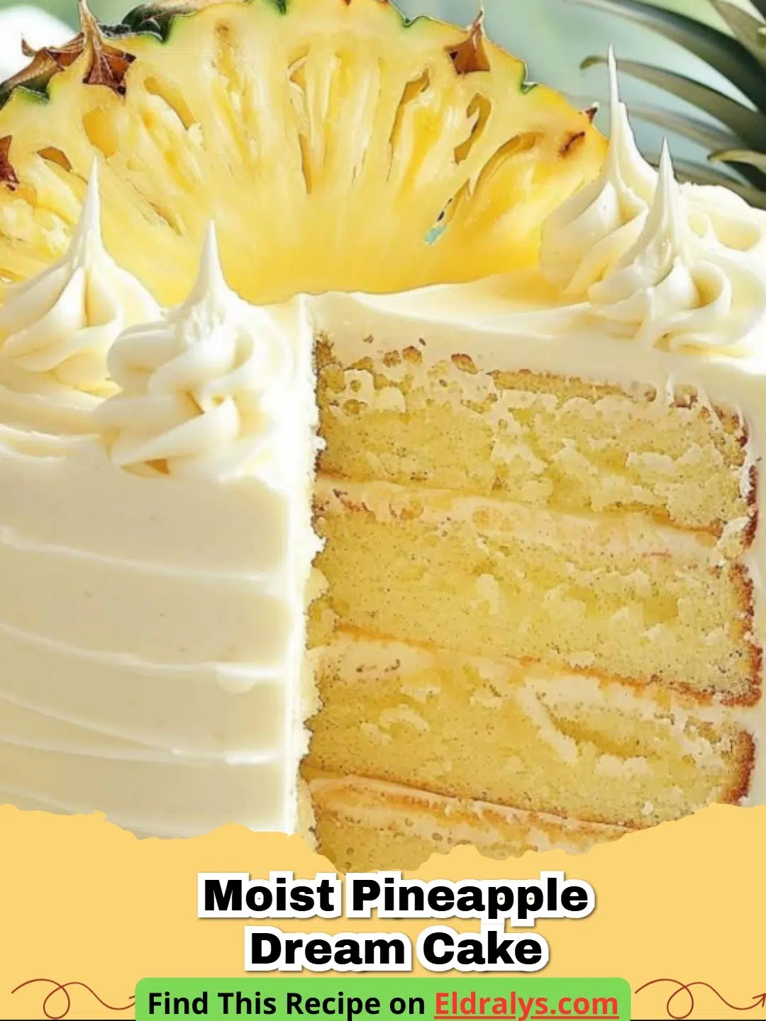 A close up view of a Moist Pineapple Dream Cake with Cream Cheese Frosting with golden crumbs.