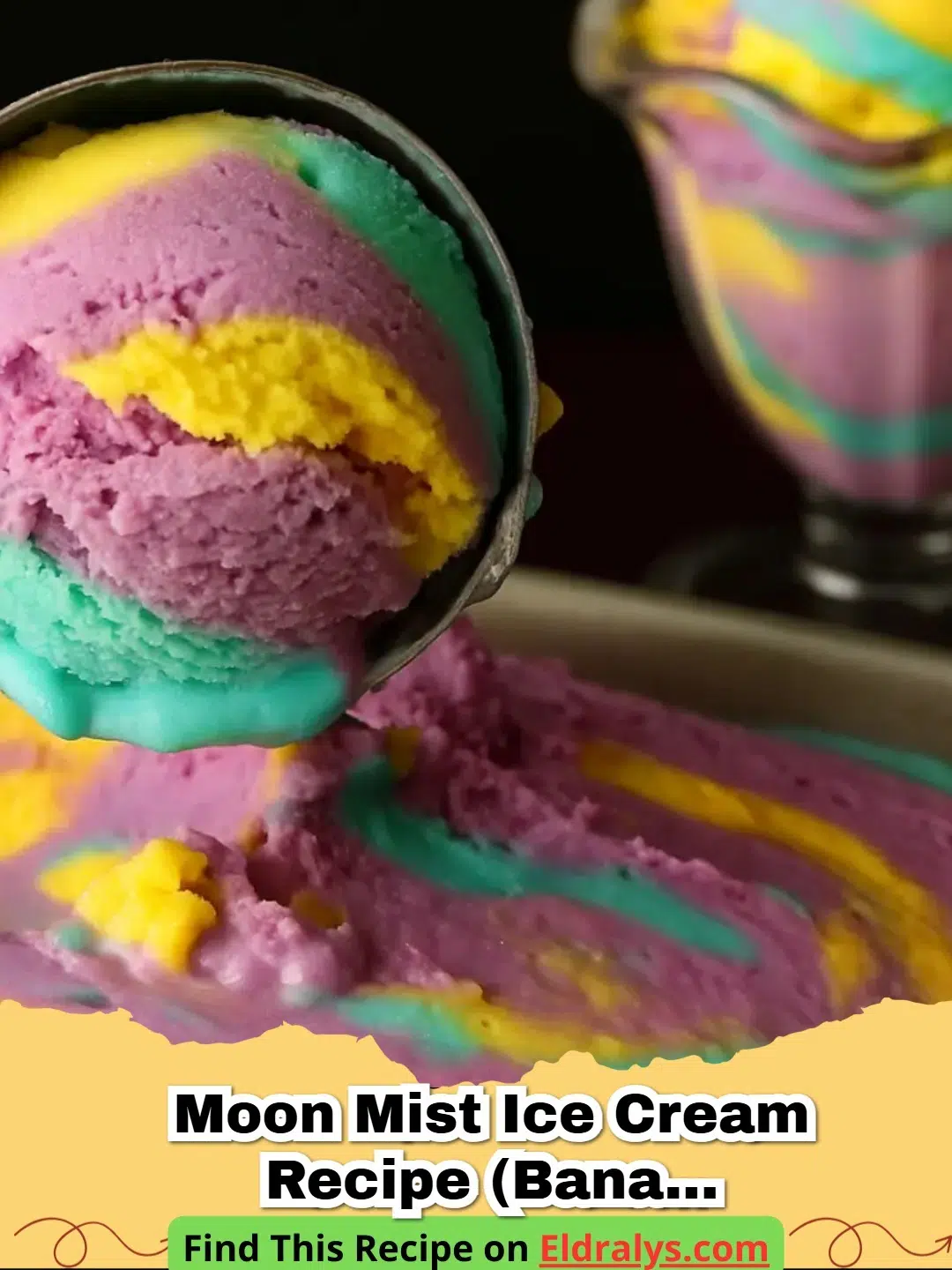 Moon Mist Ice Cream Recipe (Banana, Grape & Bubblegum Swirl) - A scoop of Moon Mist Ice Cream with banana, grape, and bubblegum swirls