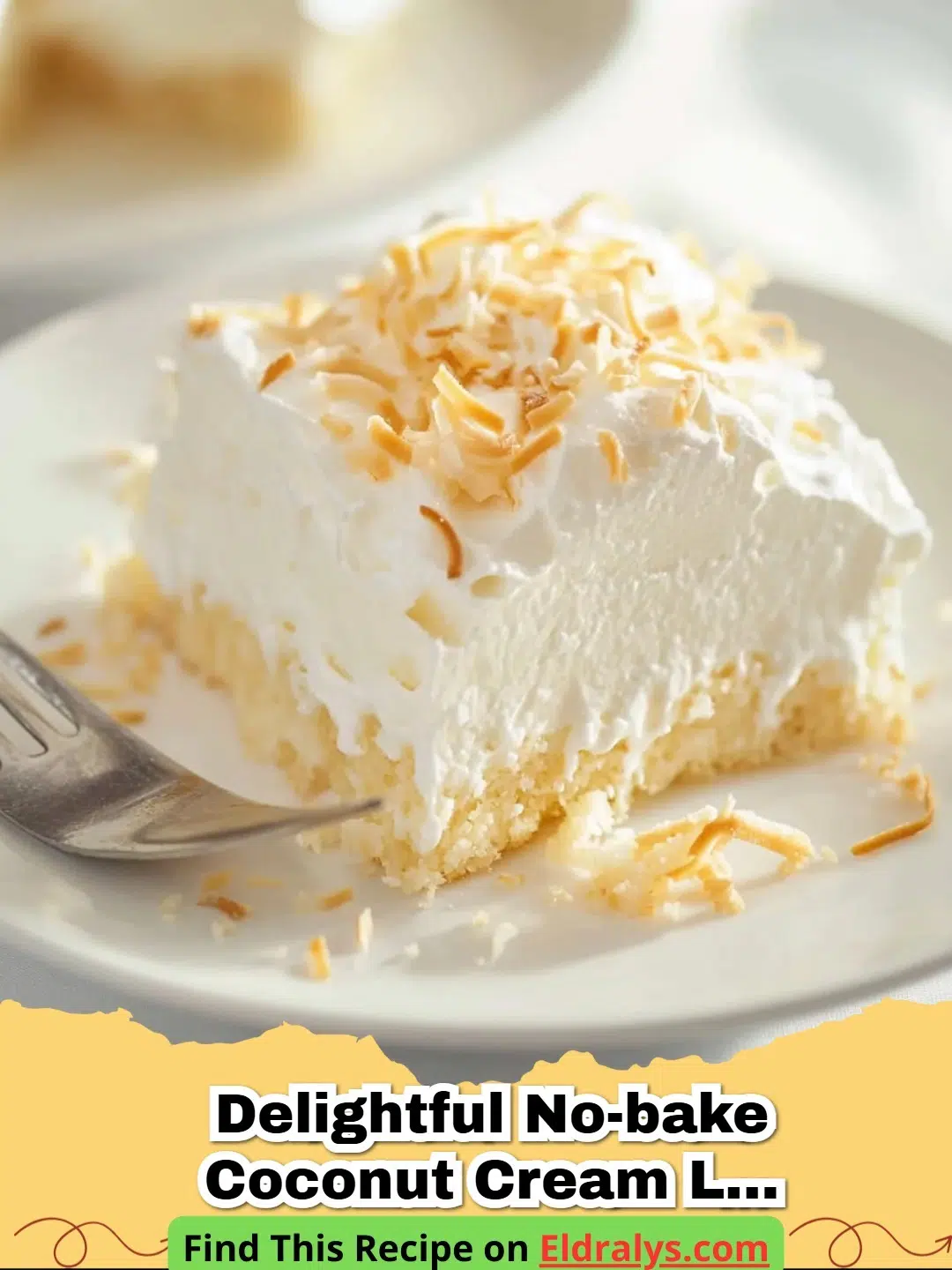 A slice of Delightful No-Bake Coconut Cream Lush Recipe showing distinct white and cream layers topped with golden toasted coconut.