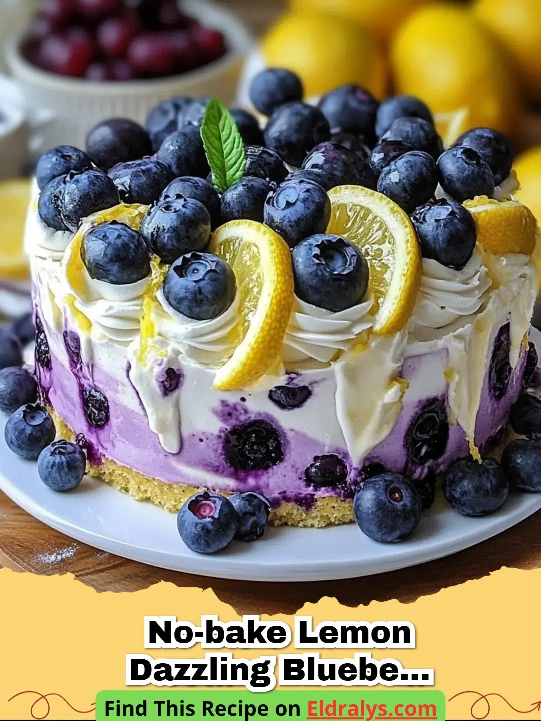 A slice of No-Bake Lemon Dazzling Blueberry Cream Cake for Summer Bliss showing purple swirls.