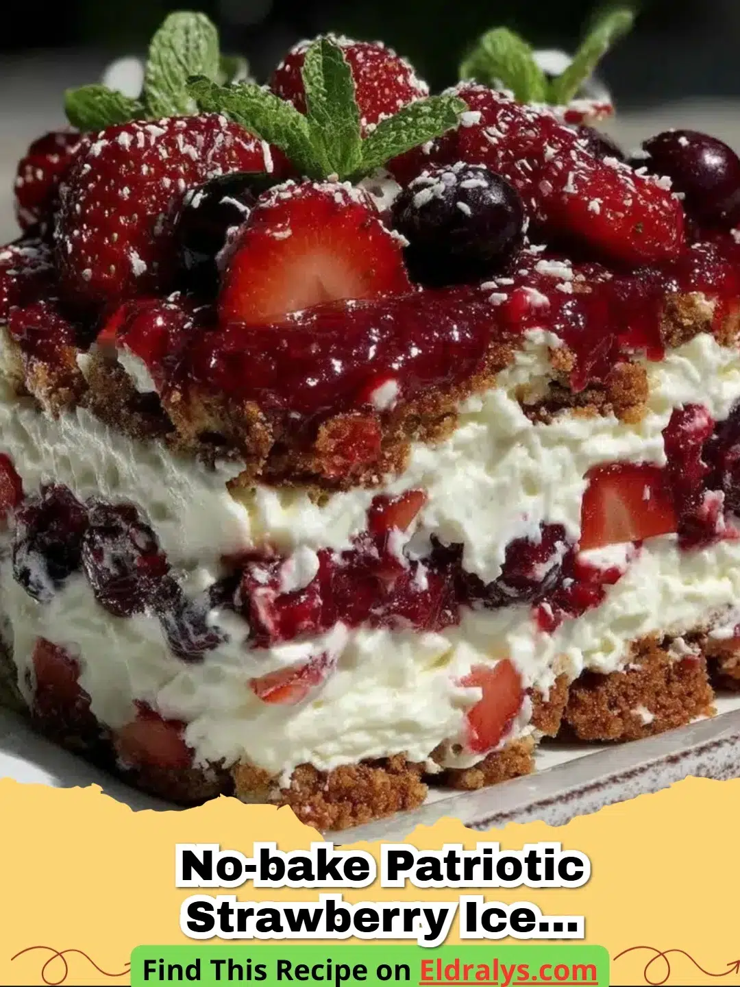 A top-down view of a No-Bake Patriotic Strawberry Icebox Cake decorated with berries to look like a flag.