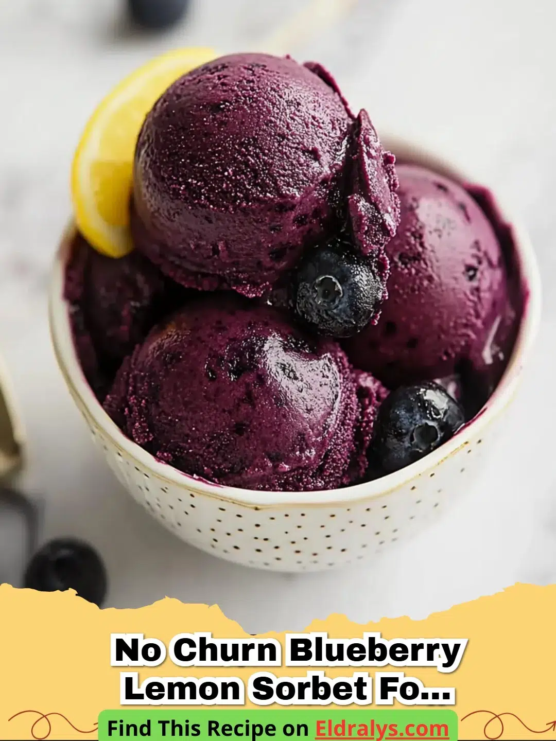 A close-up scoop of No Churn Blueberry Lemon Sorbet for a Refreshing Treat in a white bowl.