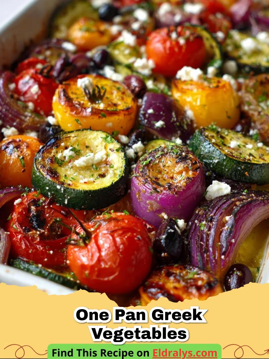 A colorful sheet pan of roasted Mediterranean vegetables from a One Pan Greek Vegetables Recipe