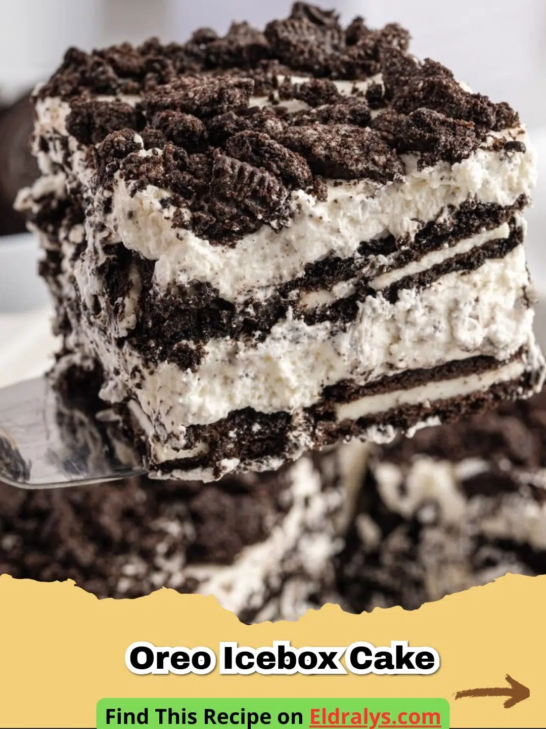 A slice of Oreo Icebox Cake showing distinct layers of softened cookies and white cream.