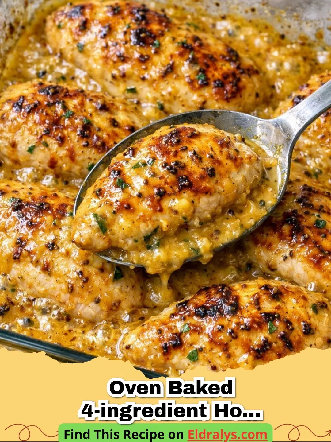 A close up of juicy Oven Baked 4-Ingredient Honey Mustard Chicken with a golden glaze in a baking dish.