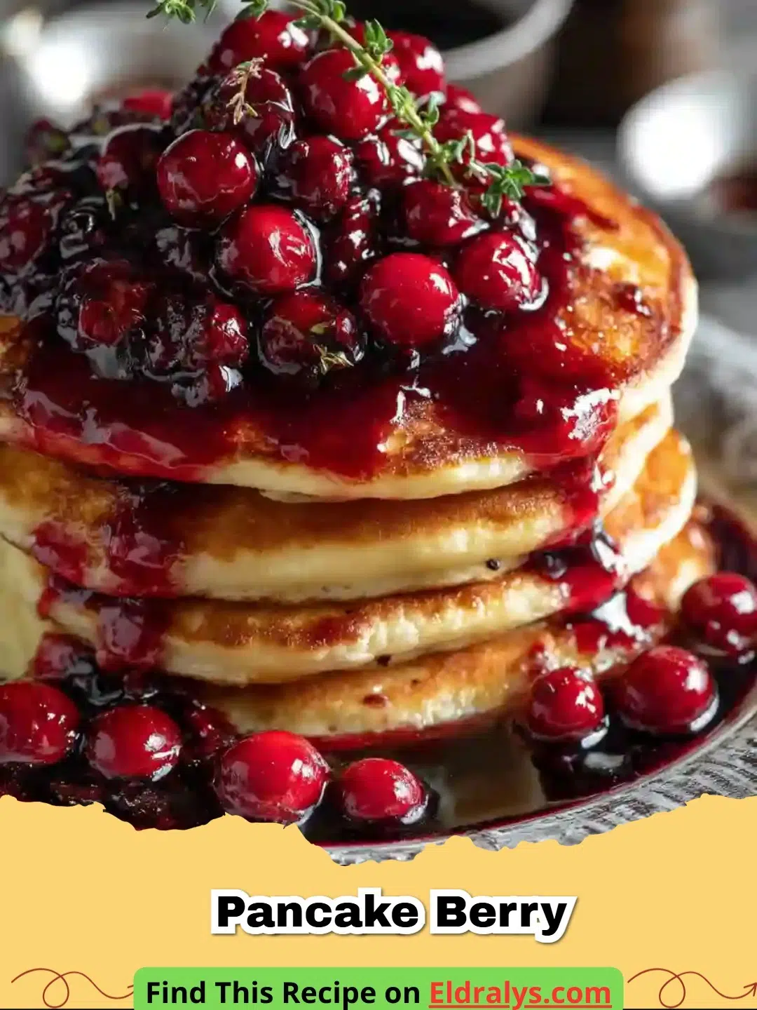 A tall stack of golden brown Pancake Berry with melting butter and dripping maple syrup.