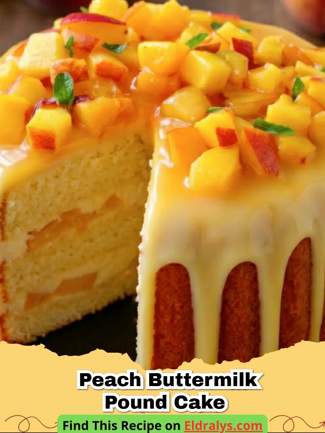 A golden brown Peach Buttermilk Pound Cake dusted with powdered sugar on a white cake stand.
