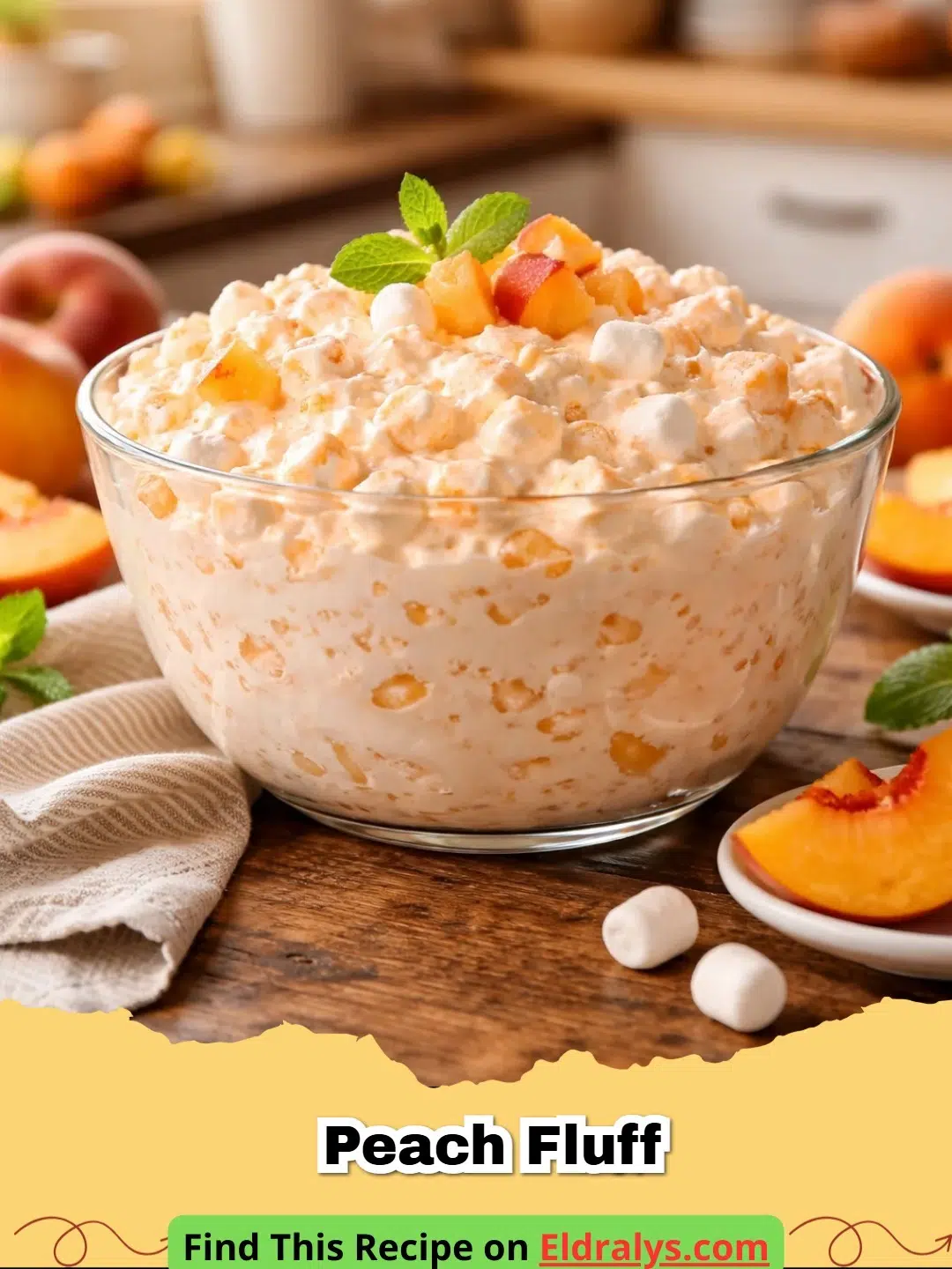 A bowl of creamy Peach Fluff topped with a peach slice and mint.
