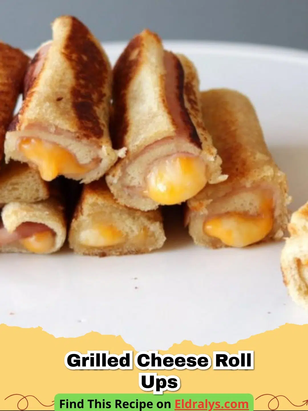 Golden brown Grilled Cheese Roll Ups stacked on a plate with cheese oozing out