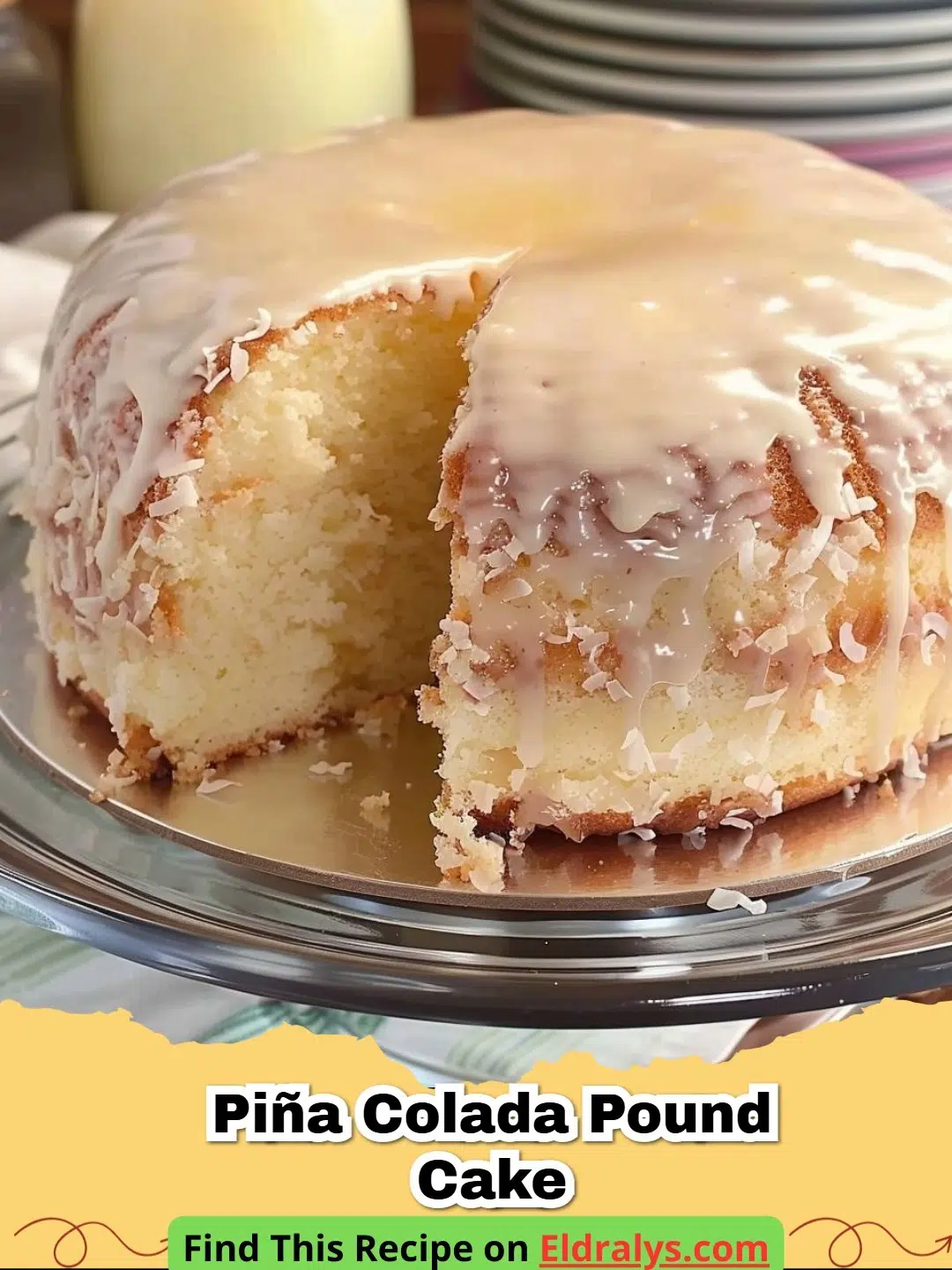 Slices of moist Piña Colada Pound Cake on a white plate with pineapple garnish
