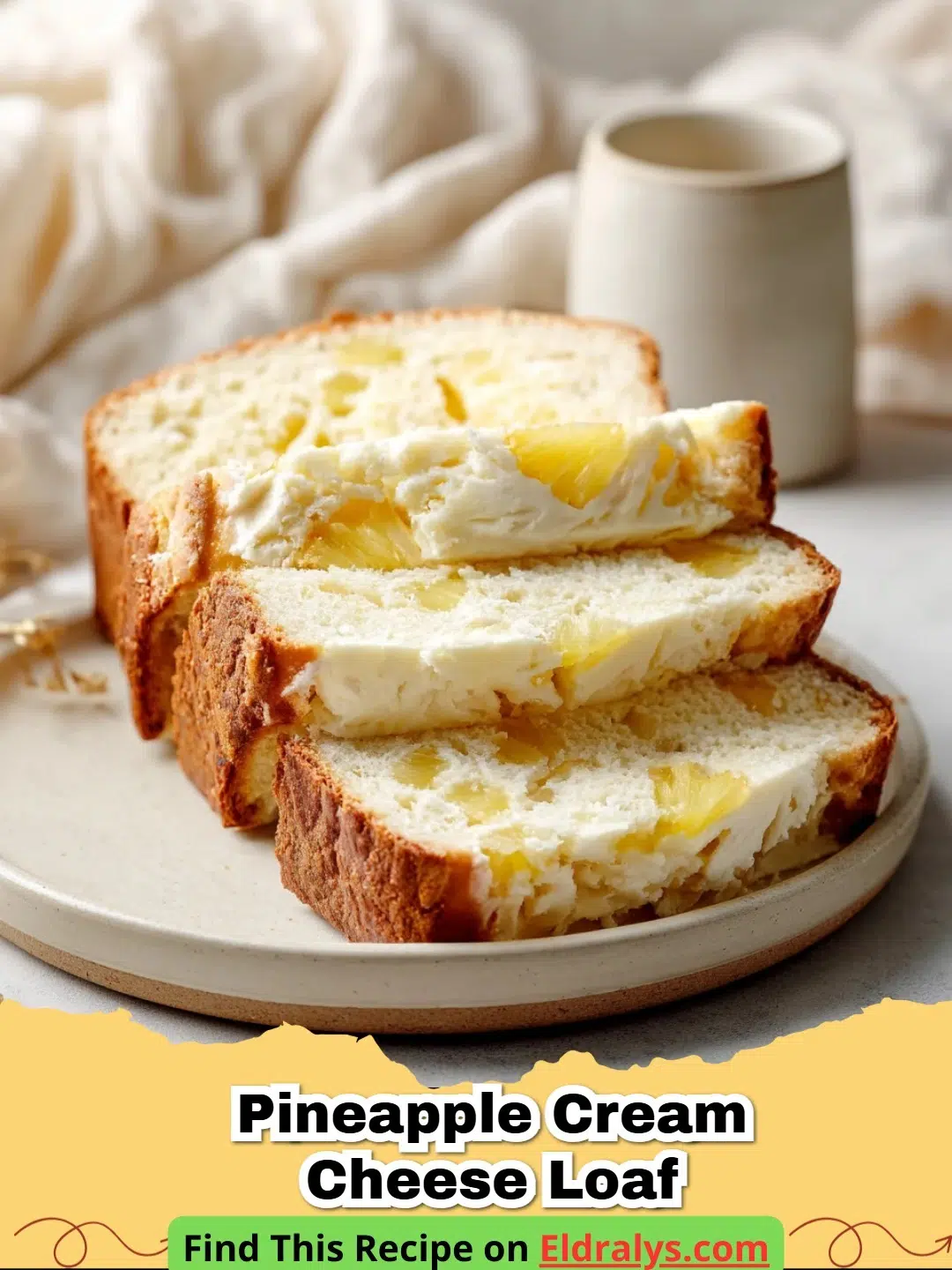 A close-up slice of moist Pineapple Cream Cheese Loaf showing the white cream cheese swirl inside.