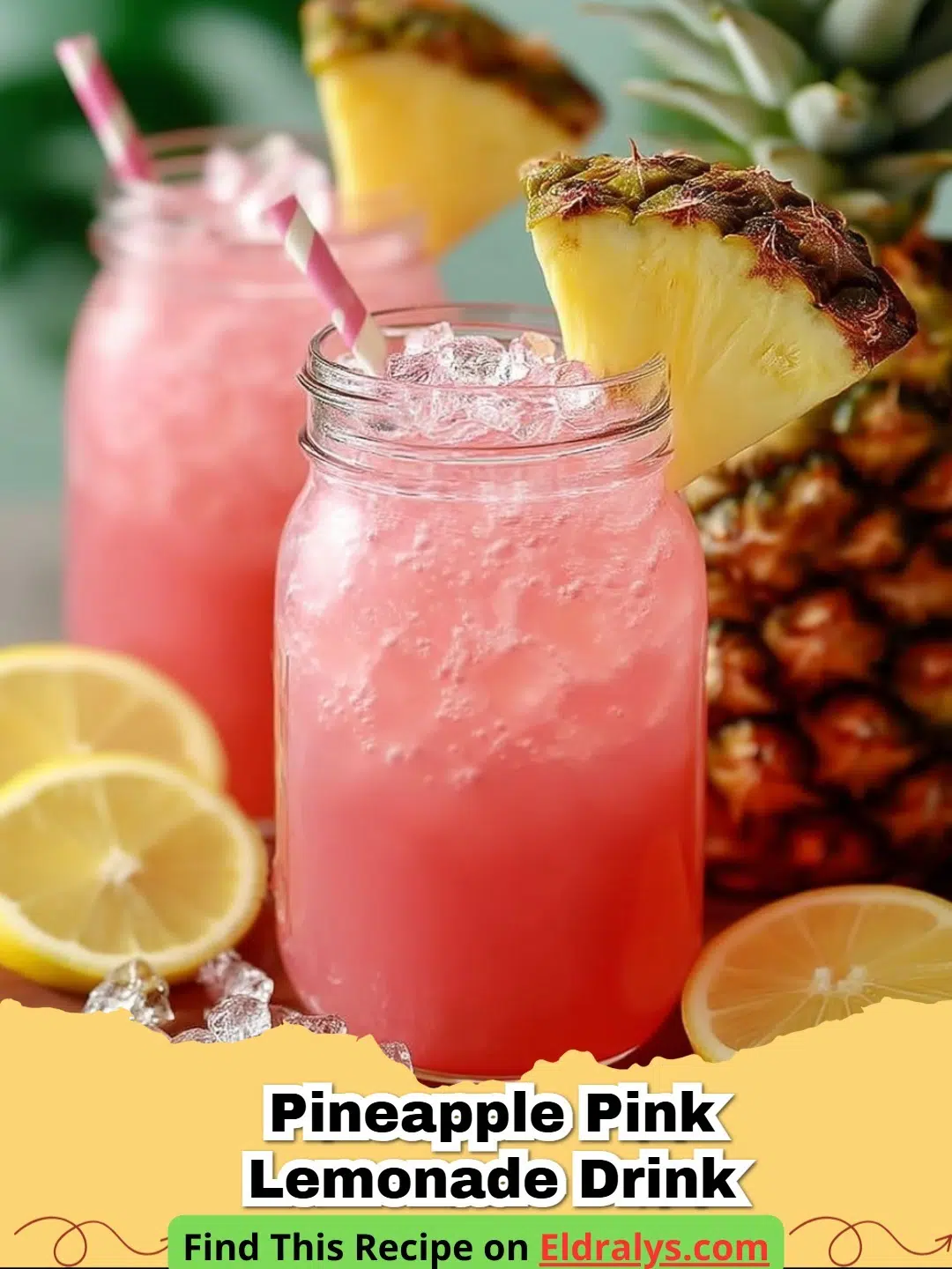 A glass of vibrant Pineapple Pink Lemonade Drink garnished with pineapple and mint