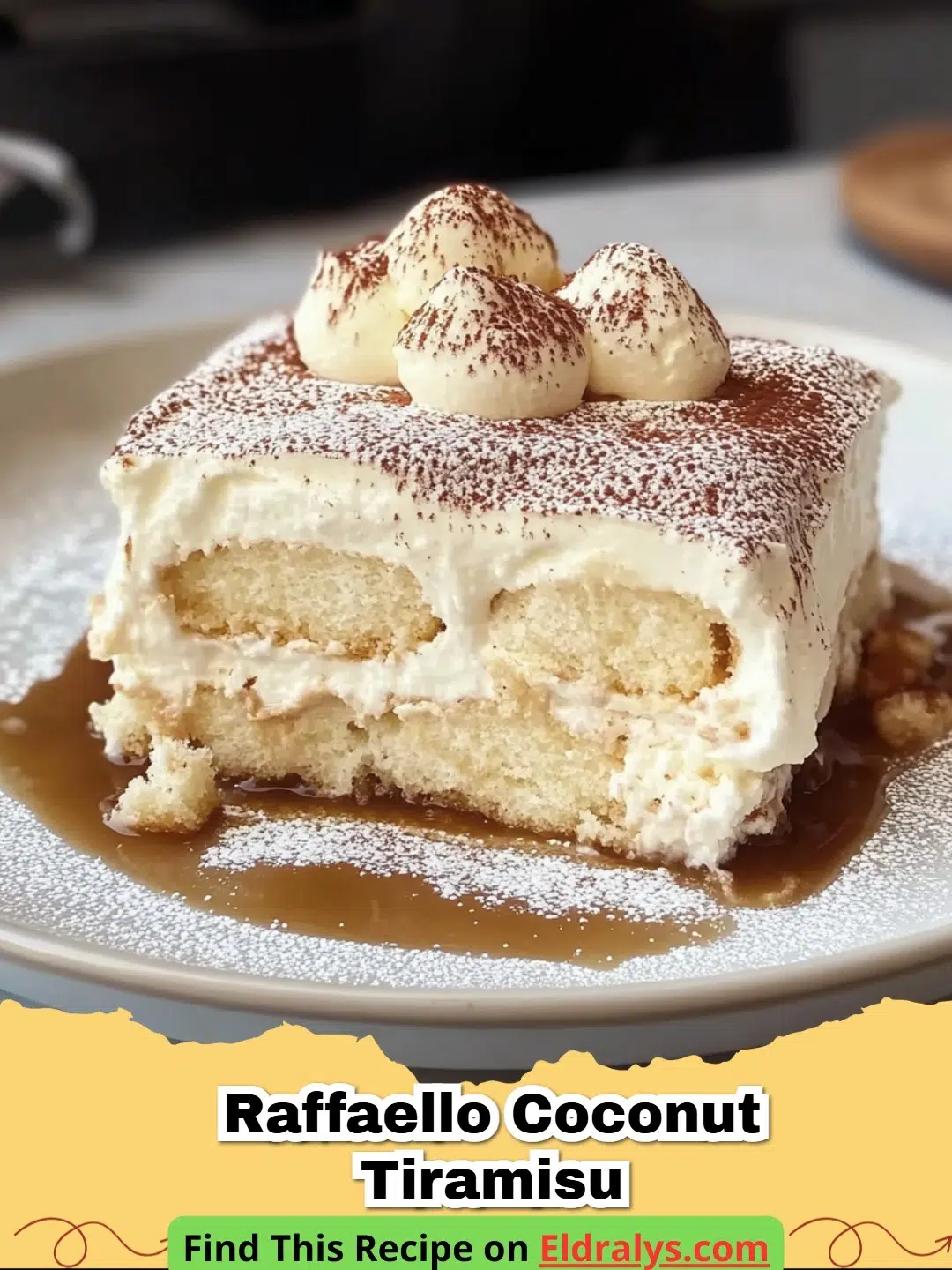A close up of Raffaello Coconut Tiramisu topped with coconut flakes and truffles