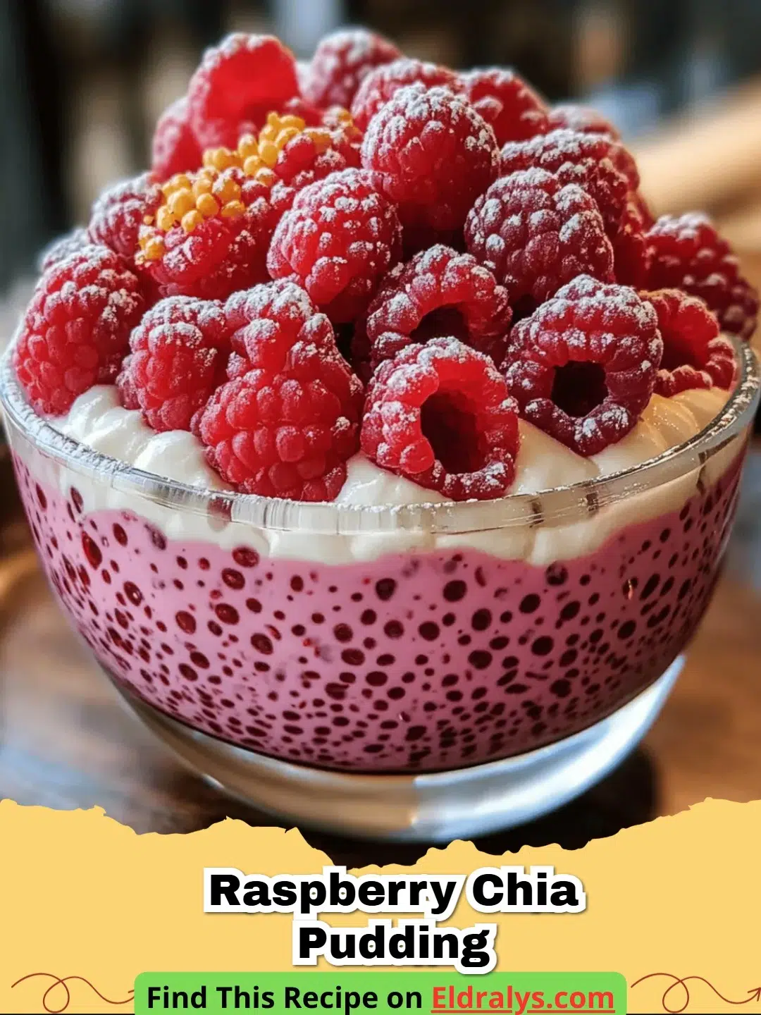 A glass jar filled with thick Raspberry Chia Pudding topped with fresh berries