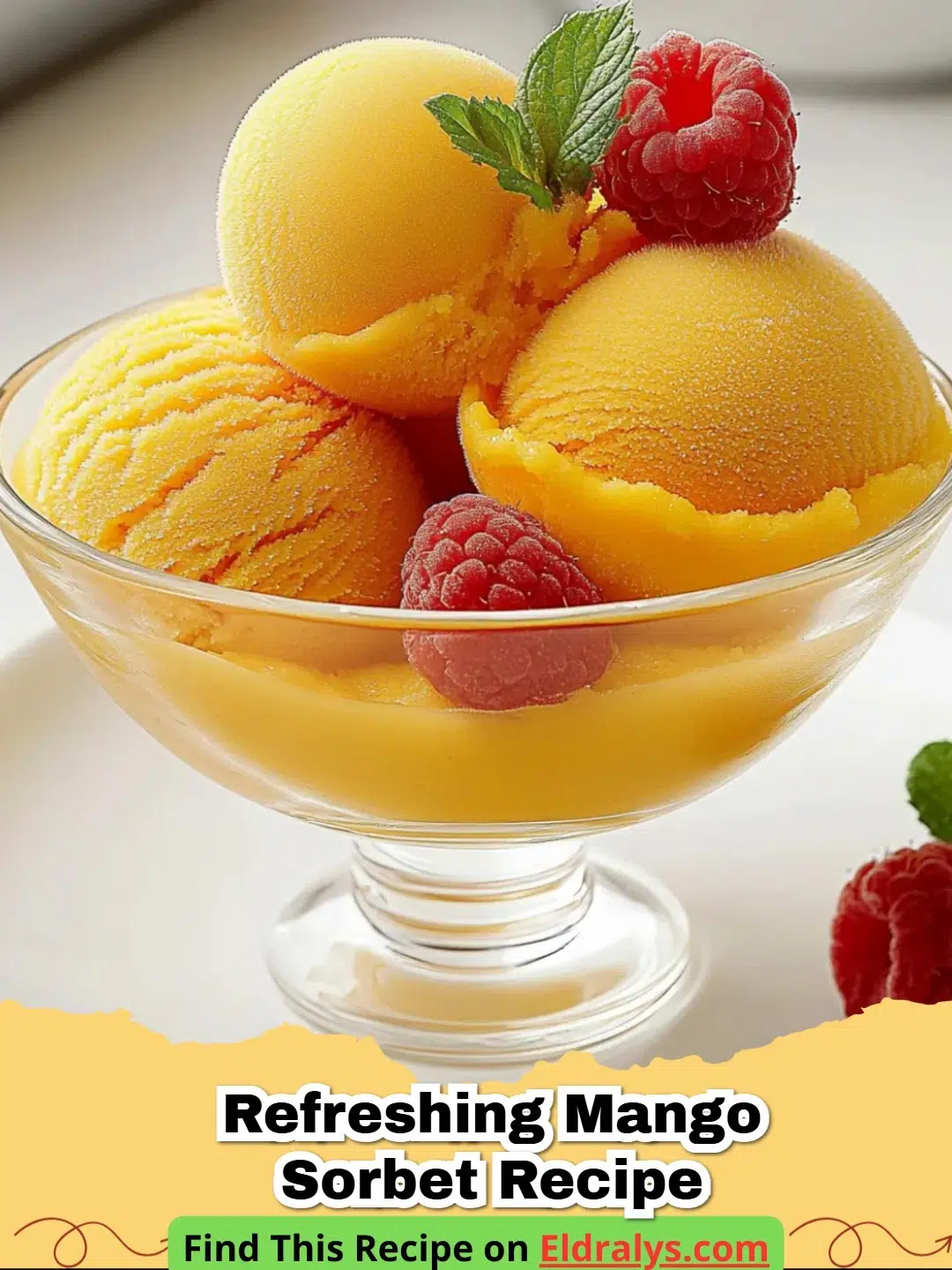 Refreshing Mango Sorbet Recipe - A scoop of vibrant yellow mango sorbet in a bowl with mint leaf