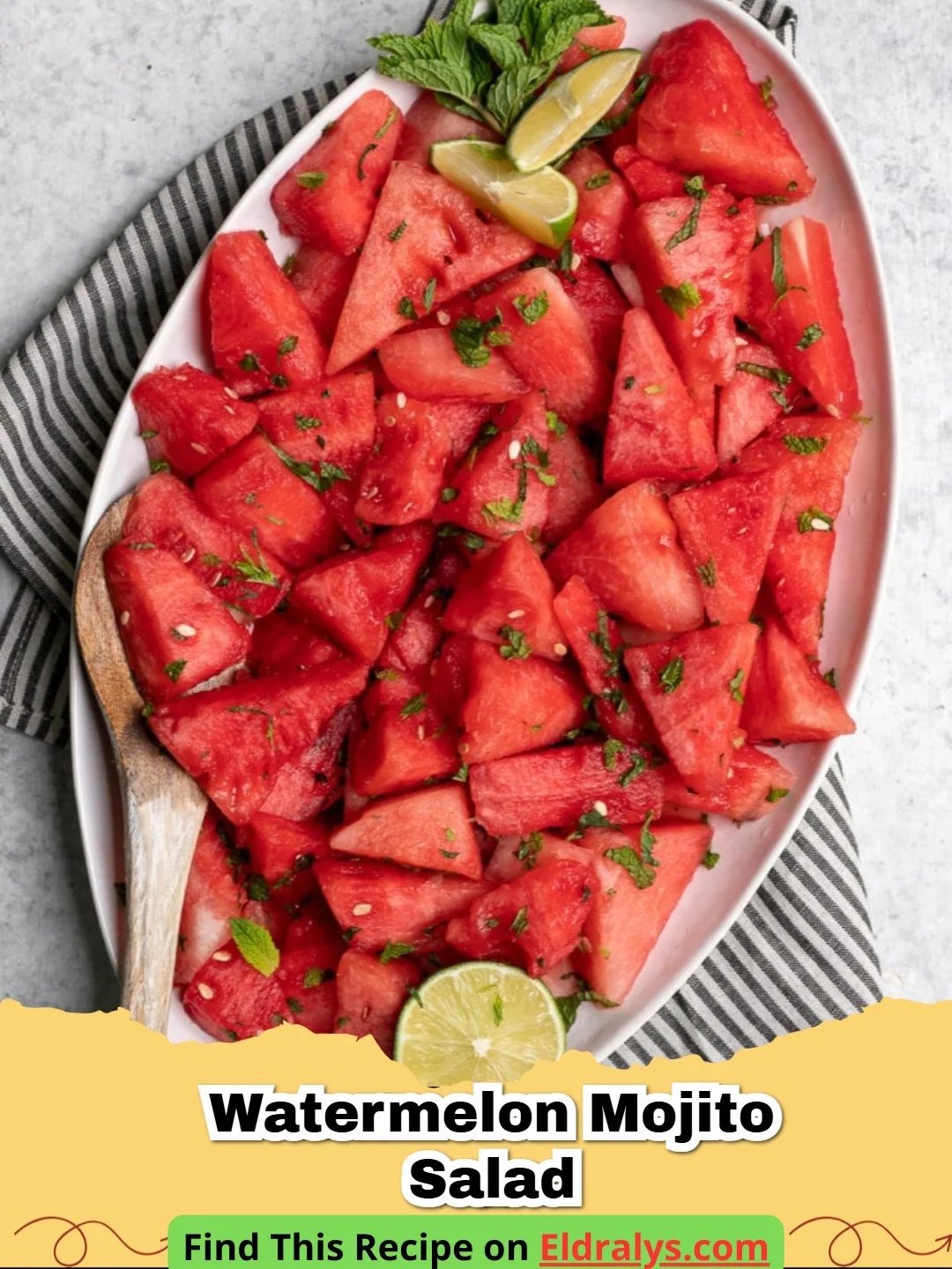 A vibrant bowl of Watermelon Mojito Salad with lime wedges and mint garnishes.