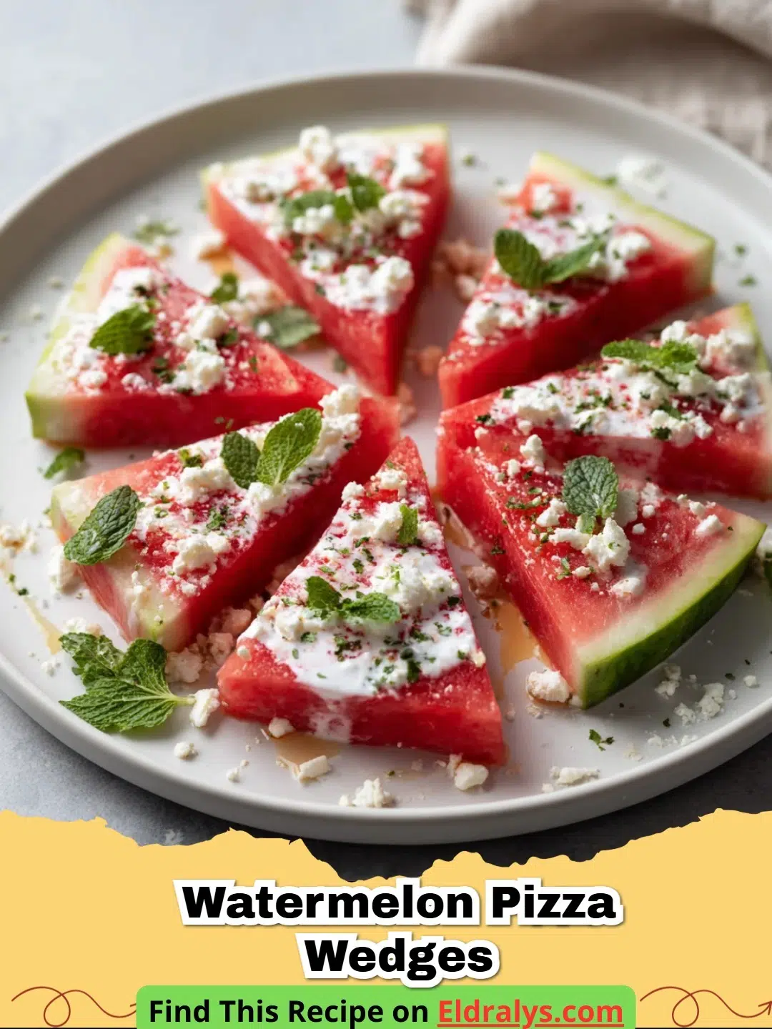 A top-down view of colorful Watermelon Pizza Wedges topped with yogurt and fresh fruit.