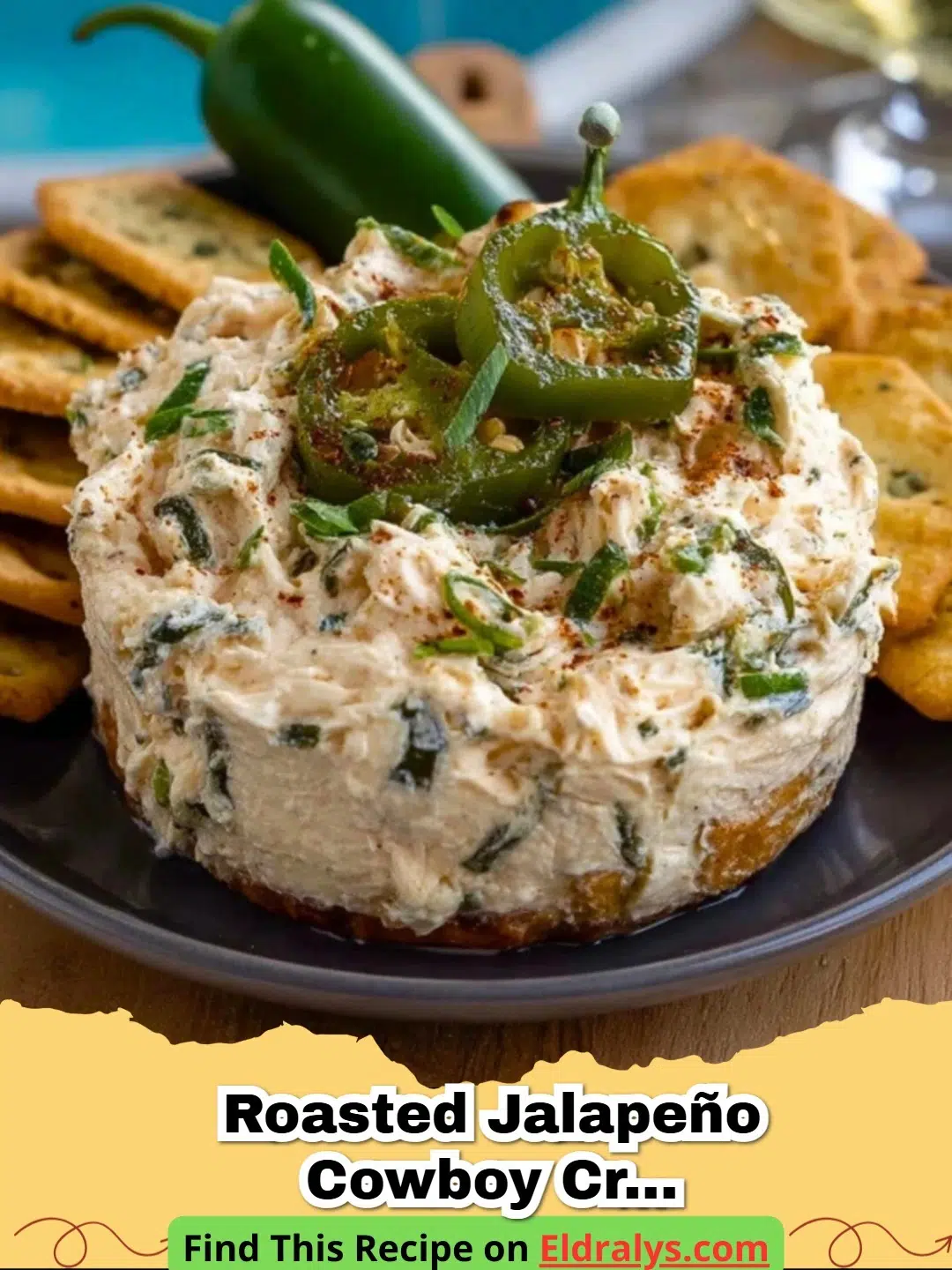 A close-up of Roasted Jalapeño Cowboy Cream Cheese in a bowl with crackers.