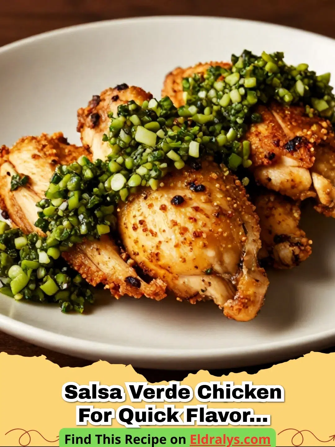 A skillet of Salsa Verde Chicken for Quick Flavorful Dinner garnished with cilantro and lime