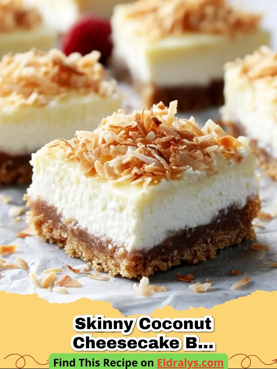 Close up of Skinny Coconut Cheesecake Bars on a white plate with fresh coconut sprinkles.