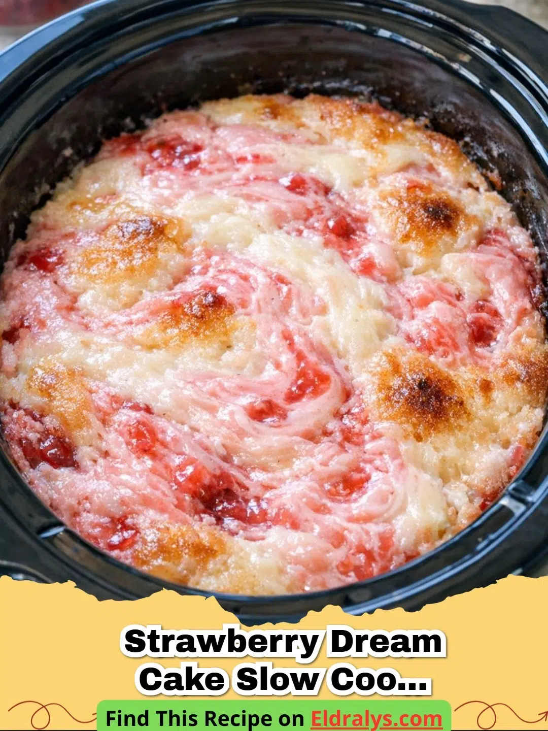 A close up shot of a 3-Ingredient Slow Cooker Strawberry Dream Cake showing the moist crumb and red strawberries.