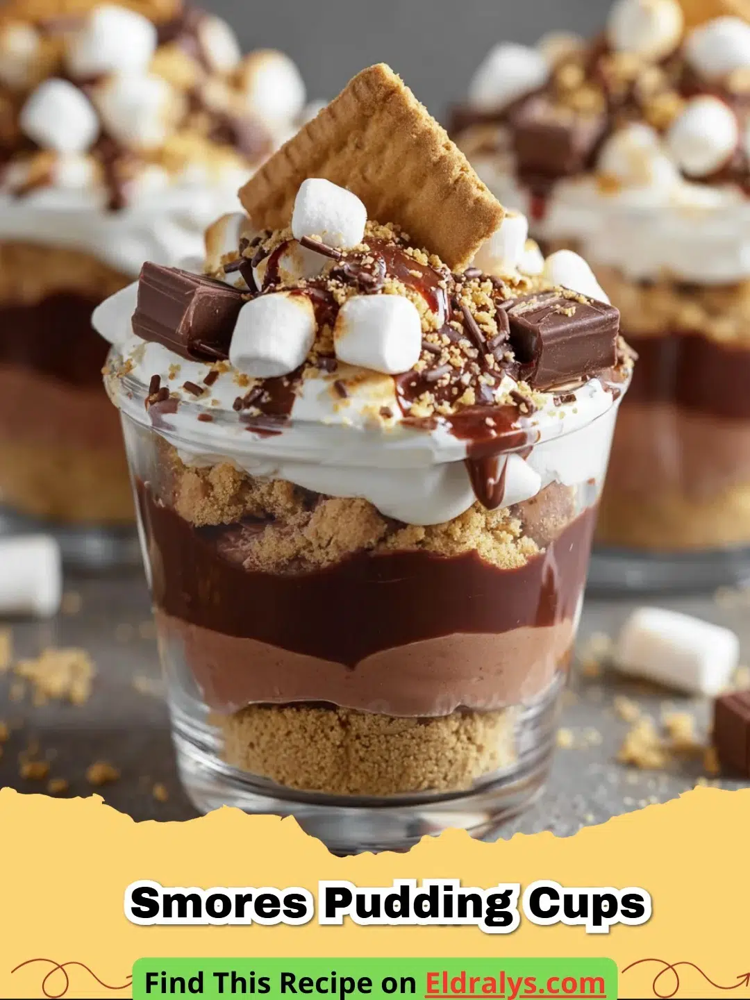 Layered Smores Pudding Cups with toasted marshmallows on top