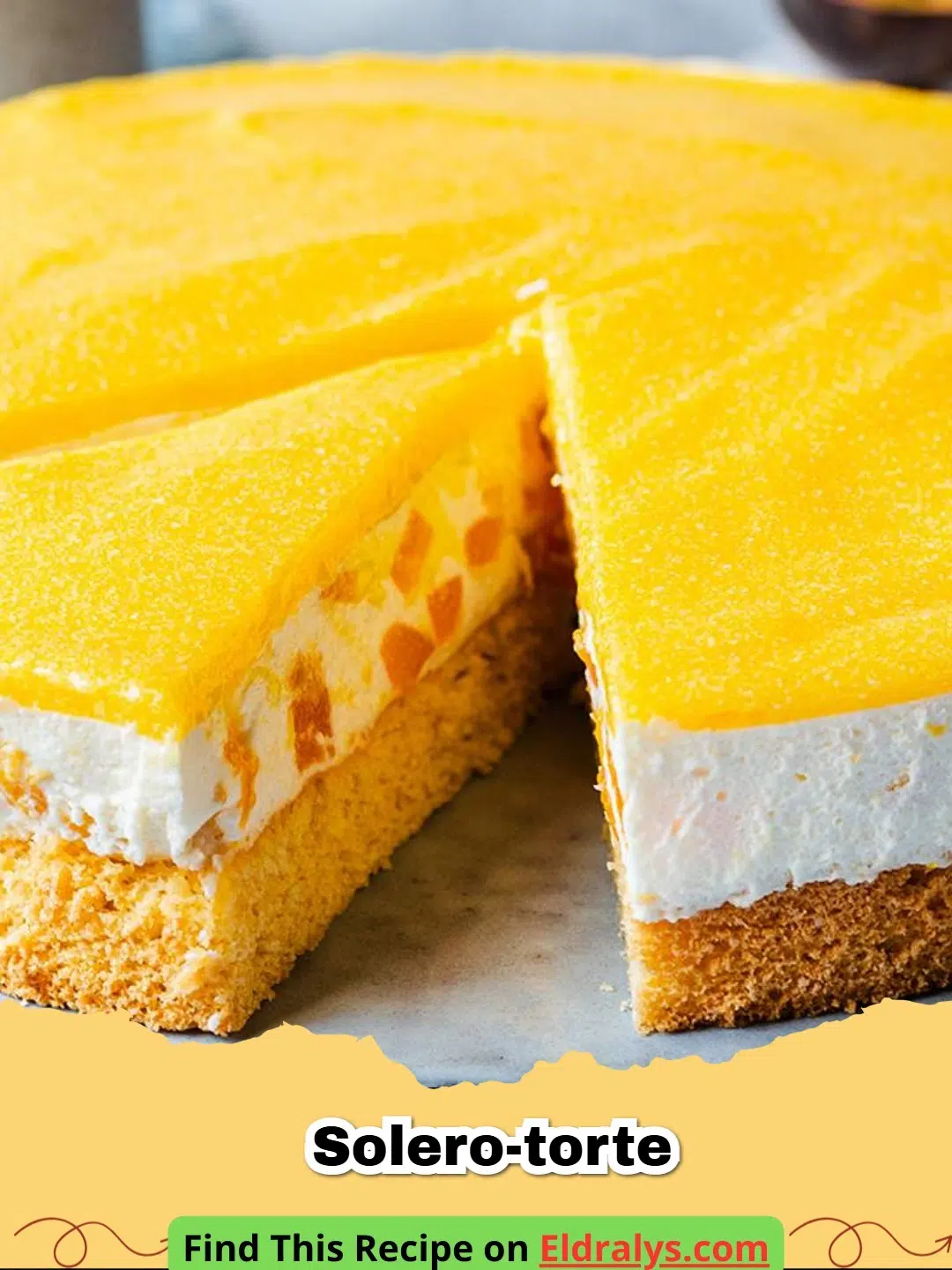 A beautiful slice of Solero-Torte with a bright yellow passion fruit glaze on a white plate.