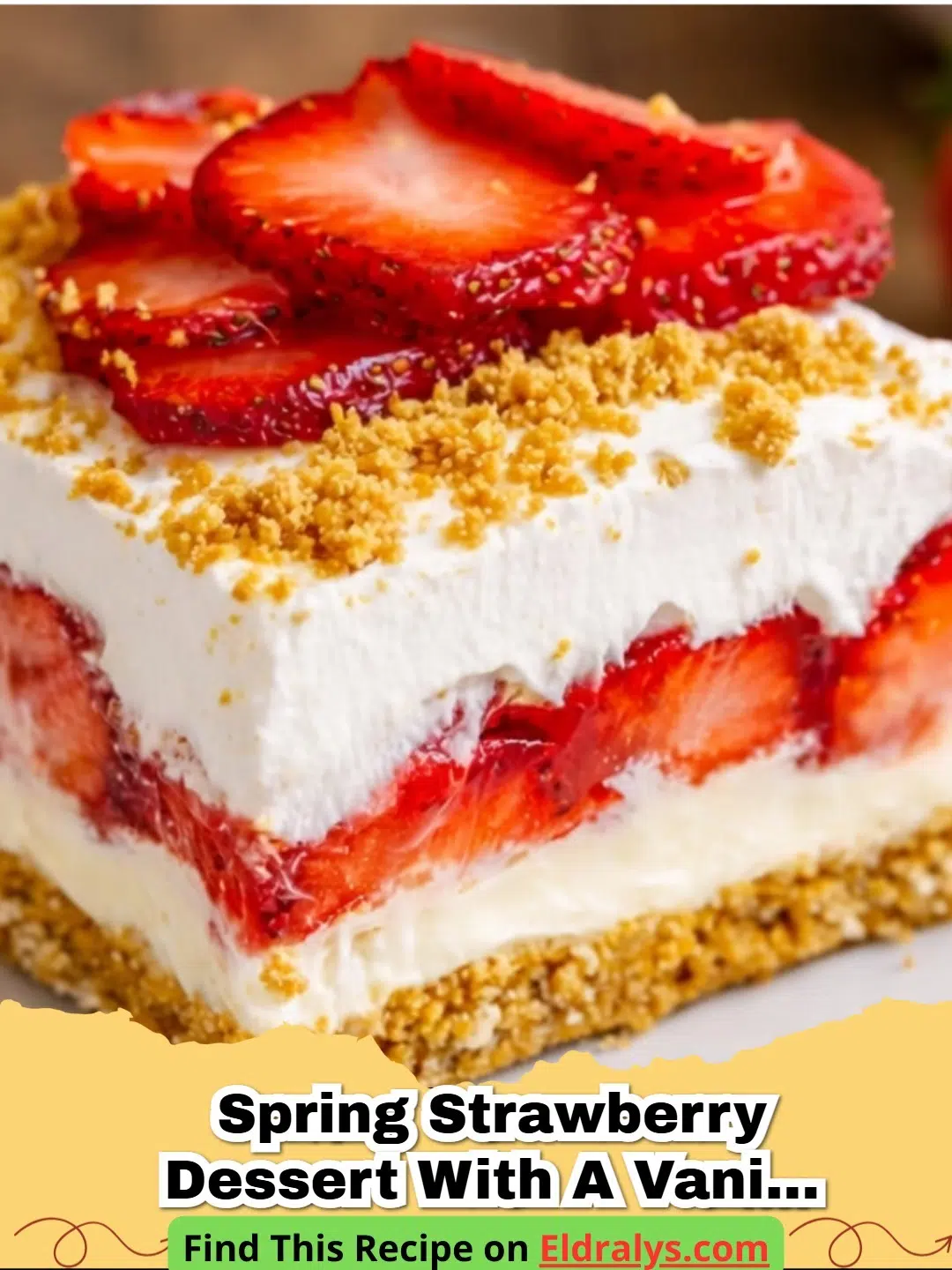 A close-up shot of the Spring Strawberry Dessert with a Vanilla Twist in a glass bowl with vanilla bean specks.