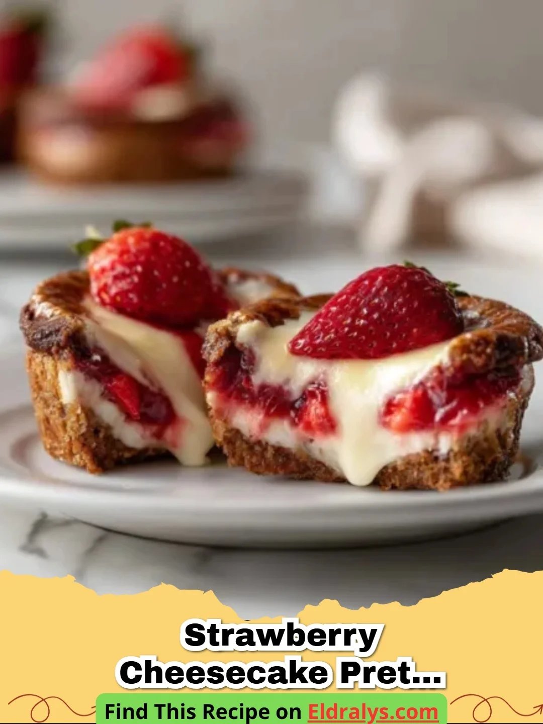 Close up of Strawberry Cheesecake Pretzel Crust Lava Cake with molten center flowing out
