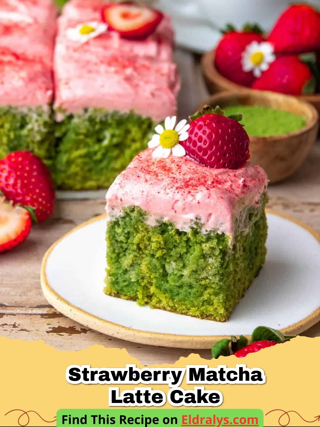 A beautiful slice of Strawberry Matcha Latte Cake with green sponge and pink berries.