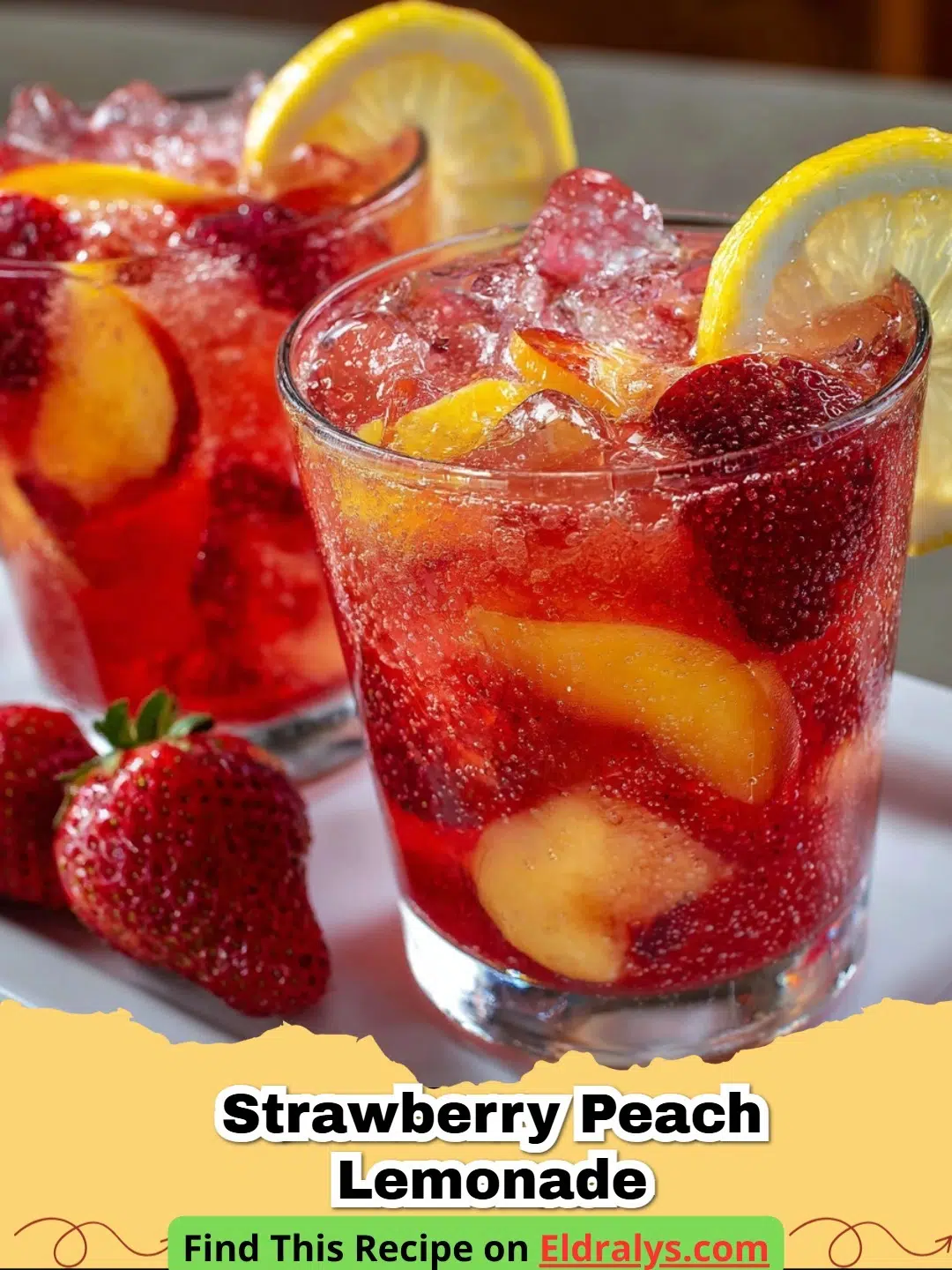 A glass of bright pink Strawberry Peach Lemonade with a lemon slice garnish