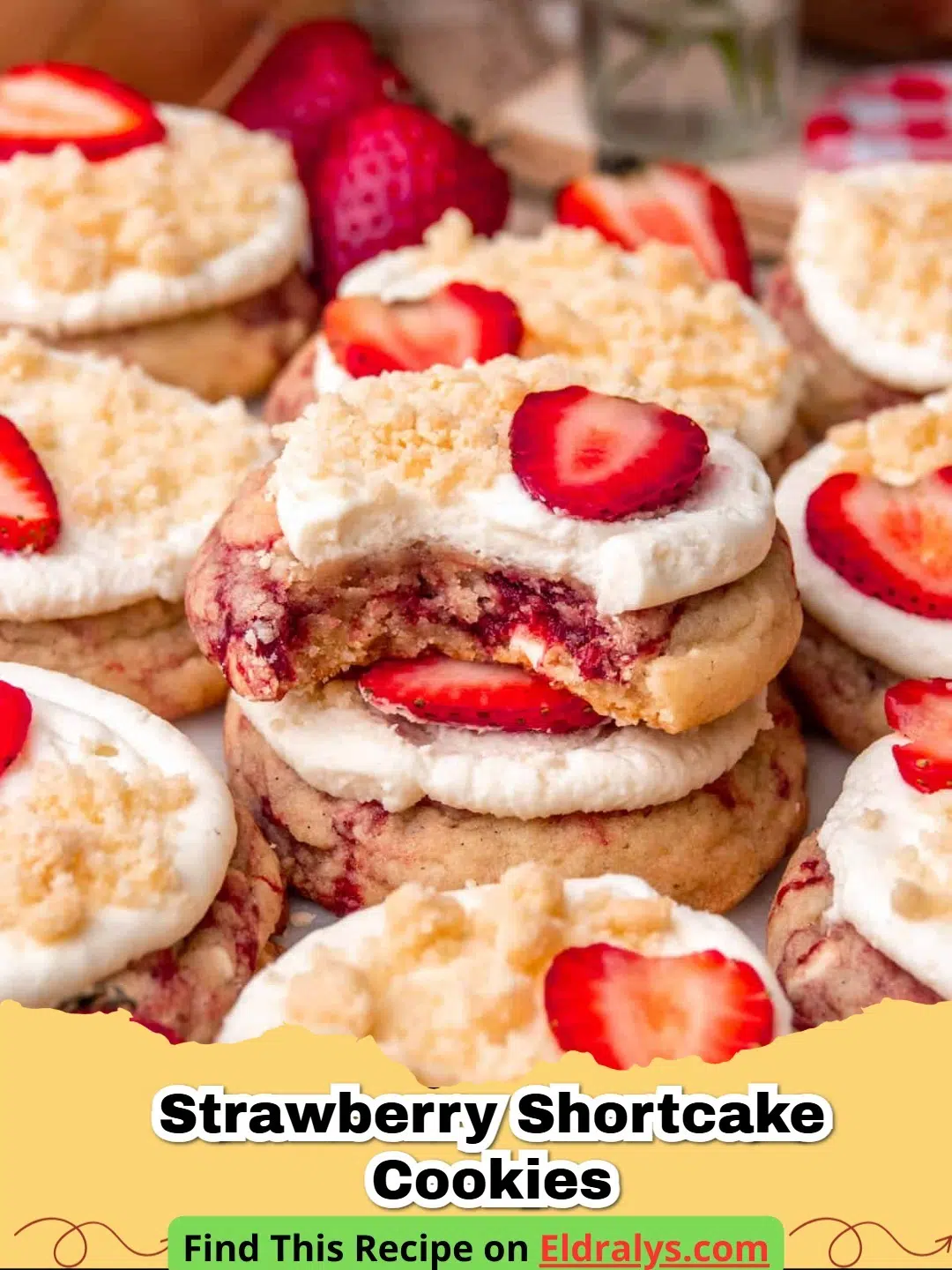 A tray of golden brown Strawberry Shortcake Cookies with visible berry pieces and white chocolate chips.
