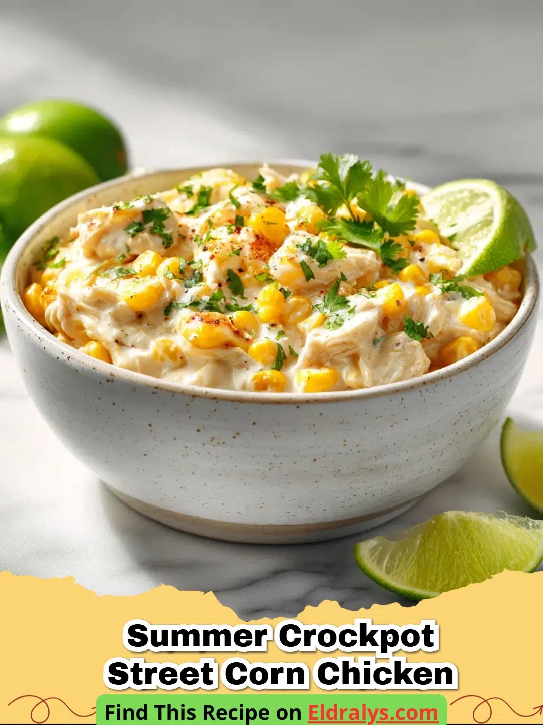 A creamy bowl of Summer Crockpot Street Corn Chicken topped with cotija cheese and cilantro.